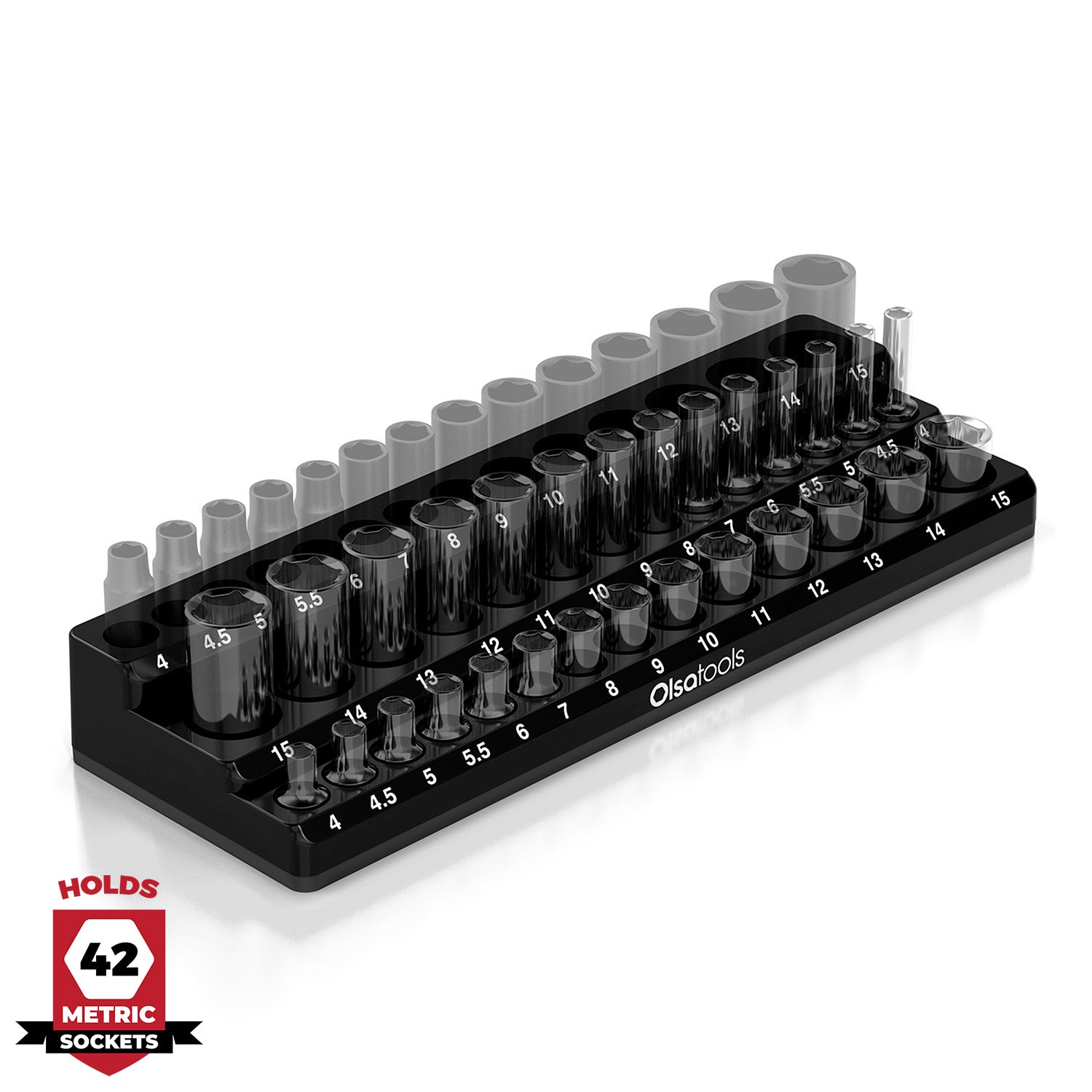 3-row magnetic socket organizer with labeled slots