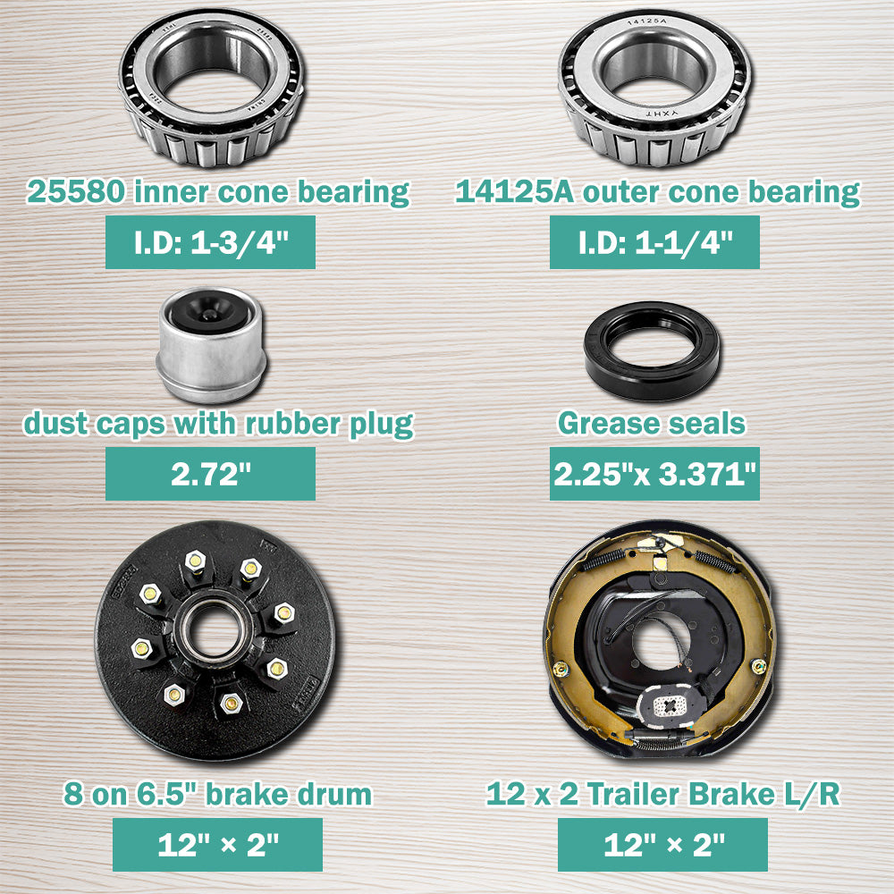 12" Electric Trailer Brake Kit 8-6.5" Hub Drum for 7000lbs Axle