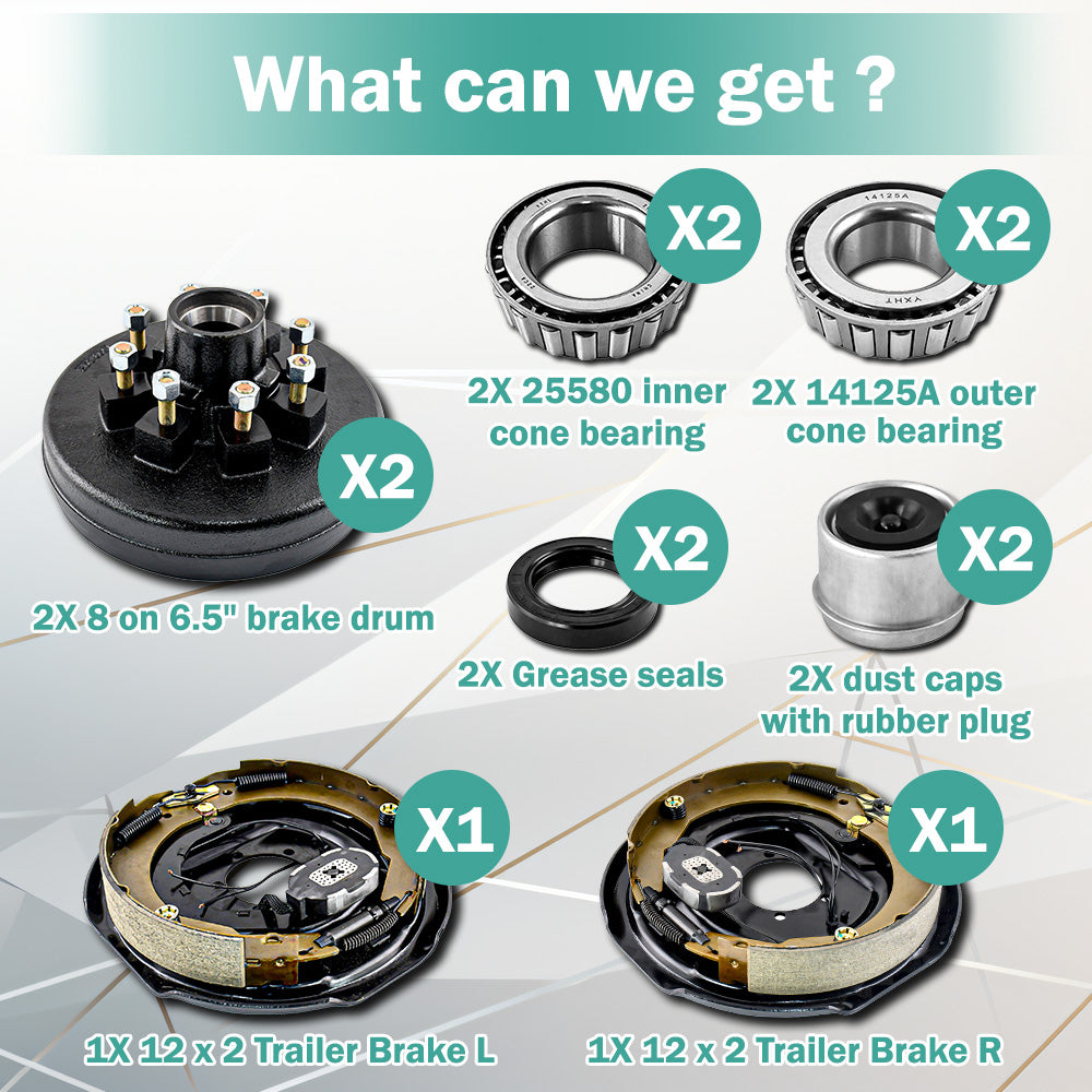 12" Electric Trailer Brake Kit 8-6.5" Hub Drum for 7000lbs Axle