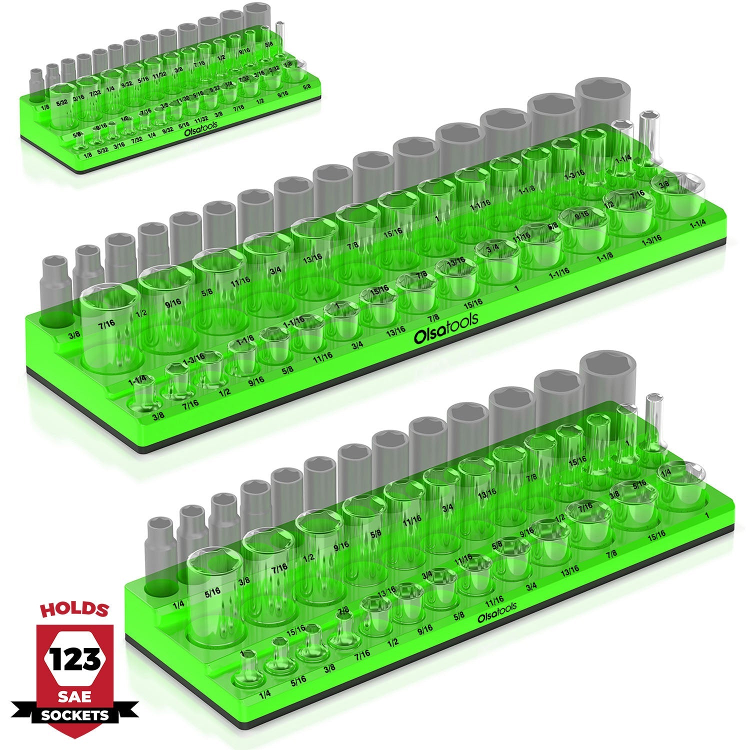 3-row magnetic socket organizer with labeled slots