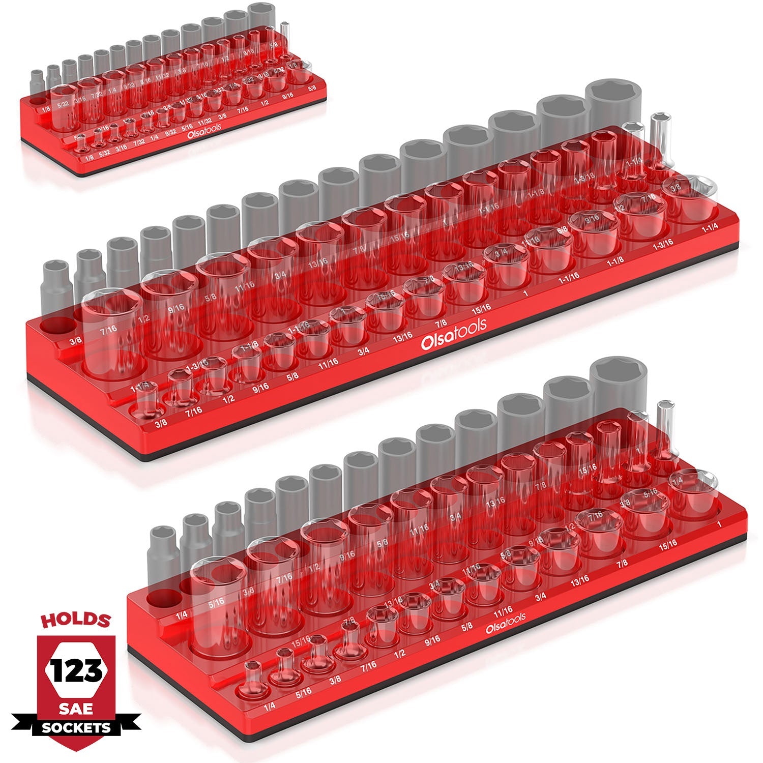 3-row magnetic socket organizer with labeled slots
