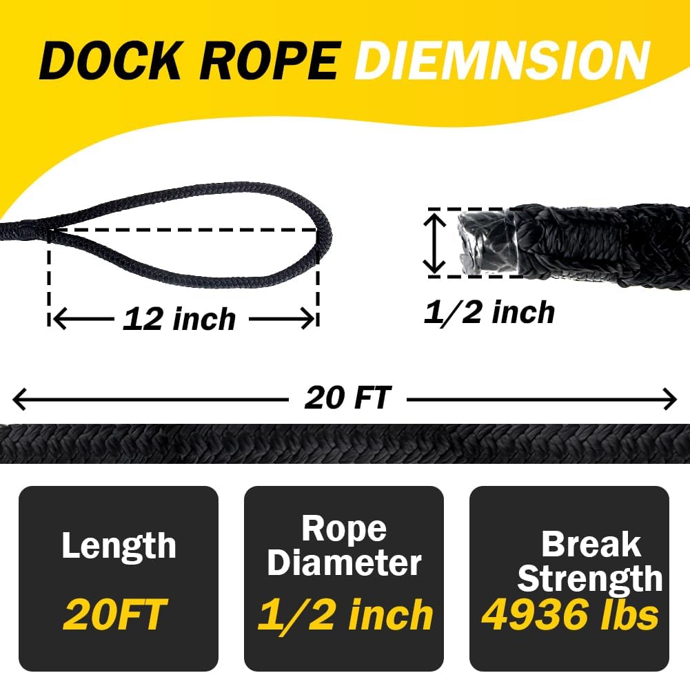 1/2'' x 20' Double Braided Nylon Dock Lines Durable Marine-Grade Boat Ropes with 12'' Pre-Spliced Loop for Docking & Mooring
