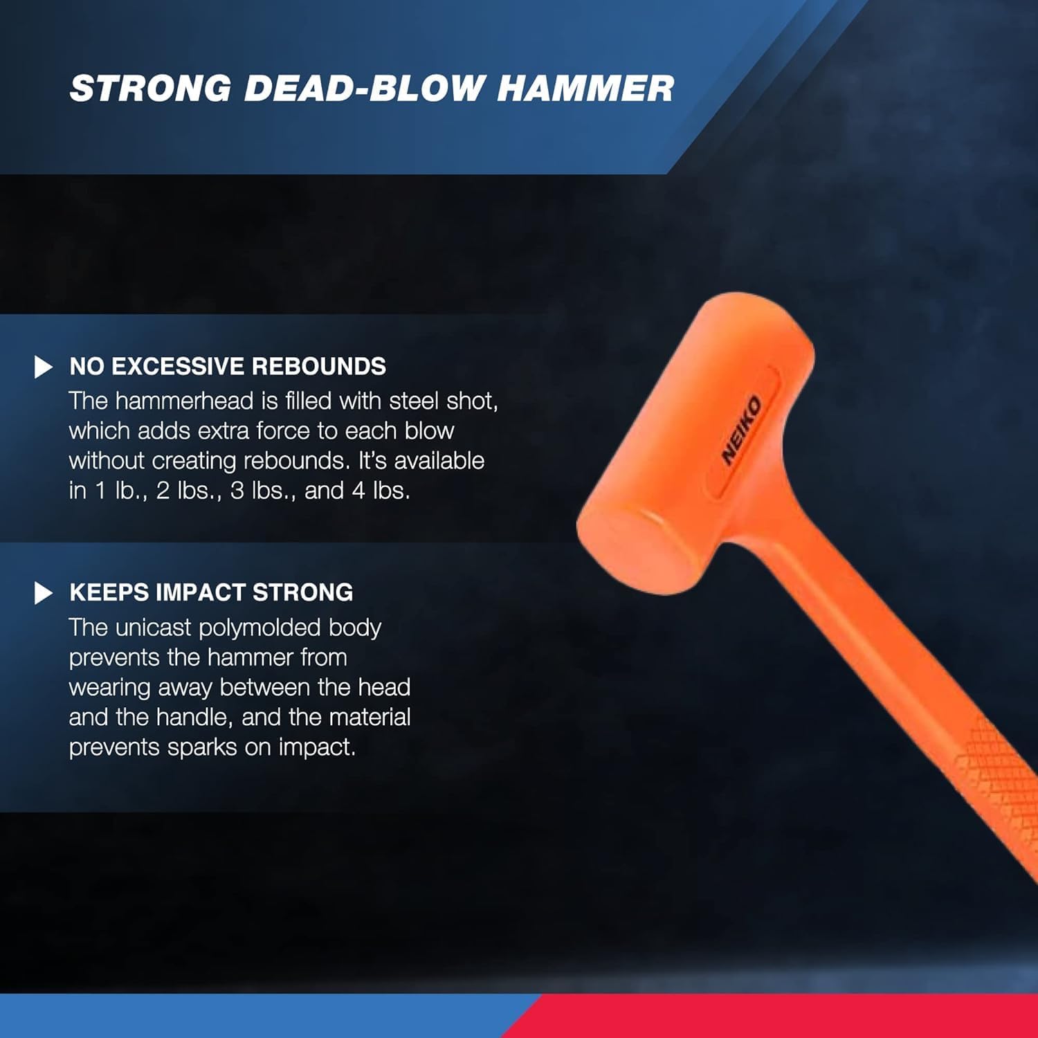 2 LB Dead Blow Hammer - Polyurethane Head, Non-Slip Grip, Orange