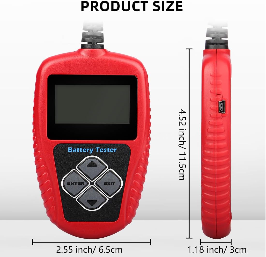 12V car battery tester and alternator diagnostic tool for vehicle performance checks.