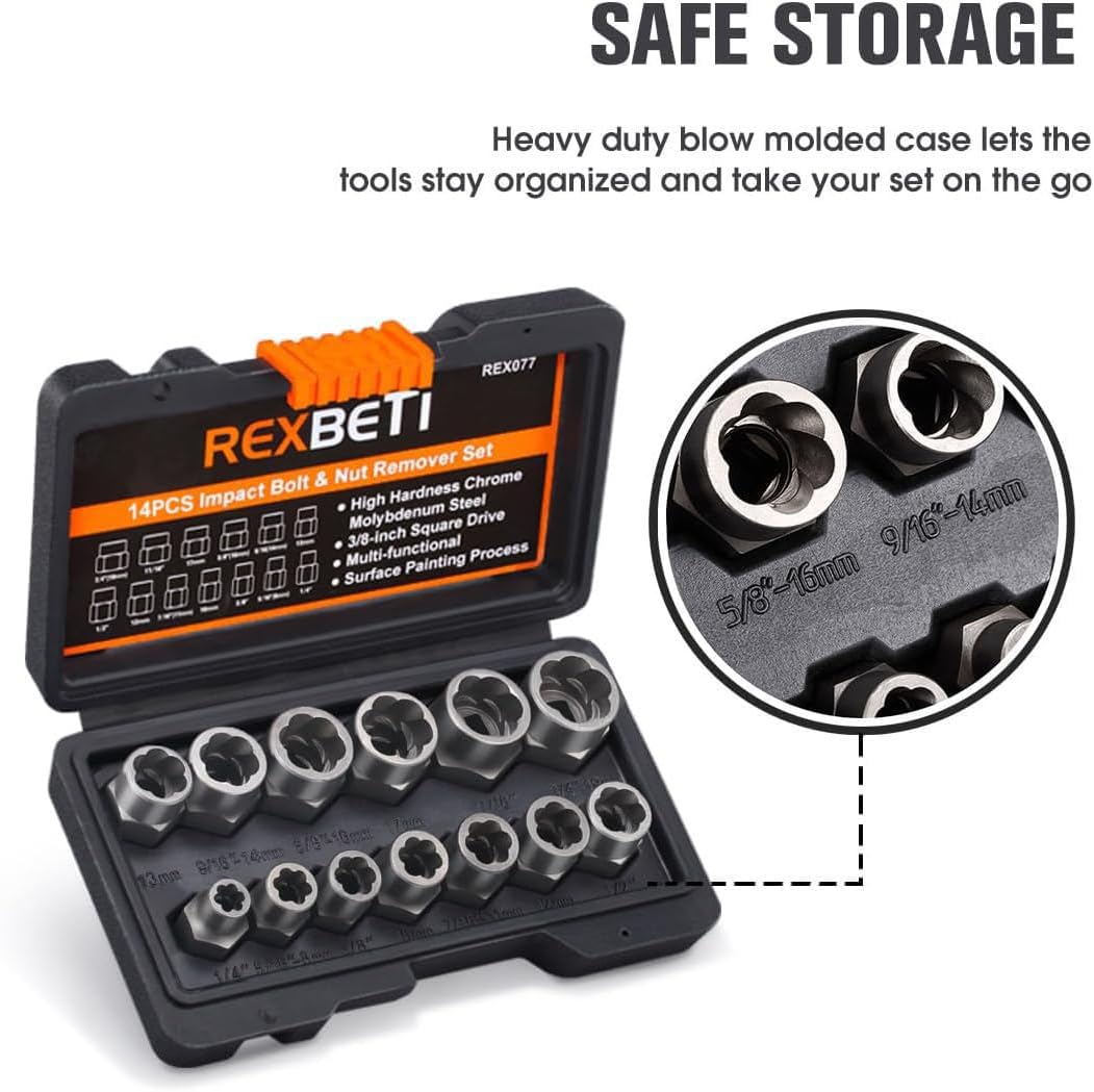 13-piece chrome molybdenum steel bolt and nut remover set with storage case