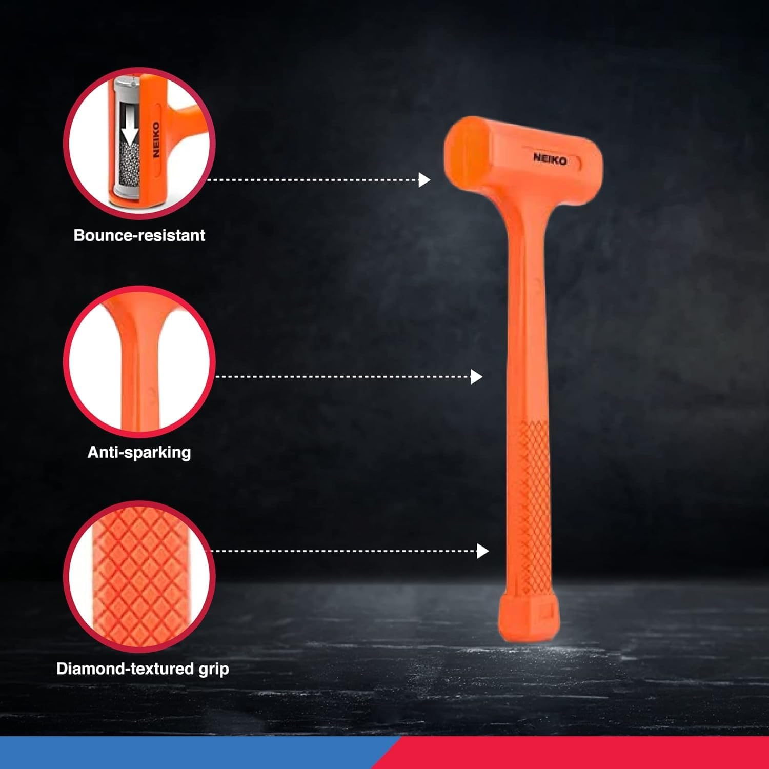 2 LB Dead Blow Hammer - Polyurethane Head, Non-Slip Grip, Orange