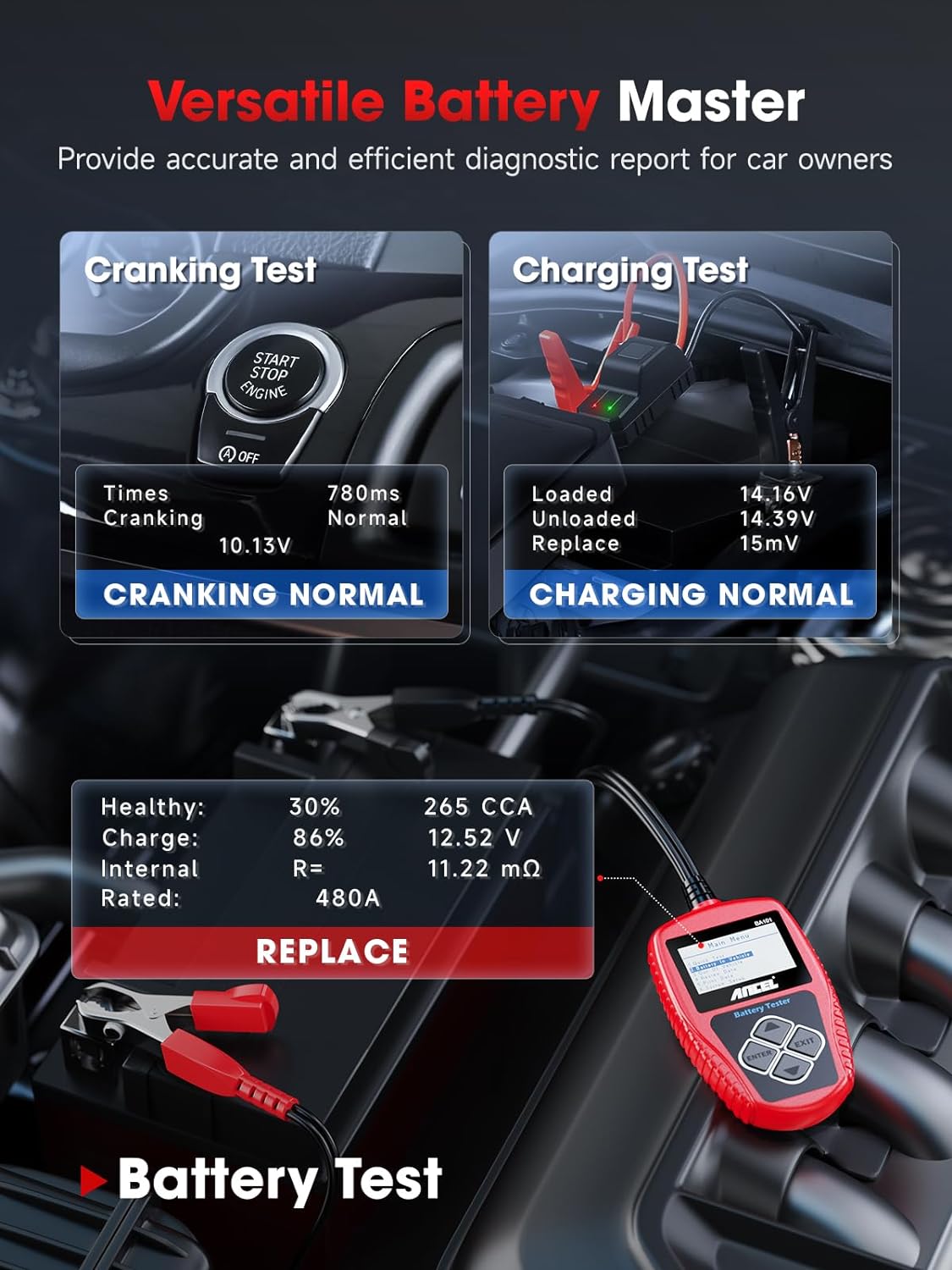 12V car battery tester and alternator diagnostic tool for vehicle performance checks.