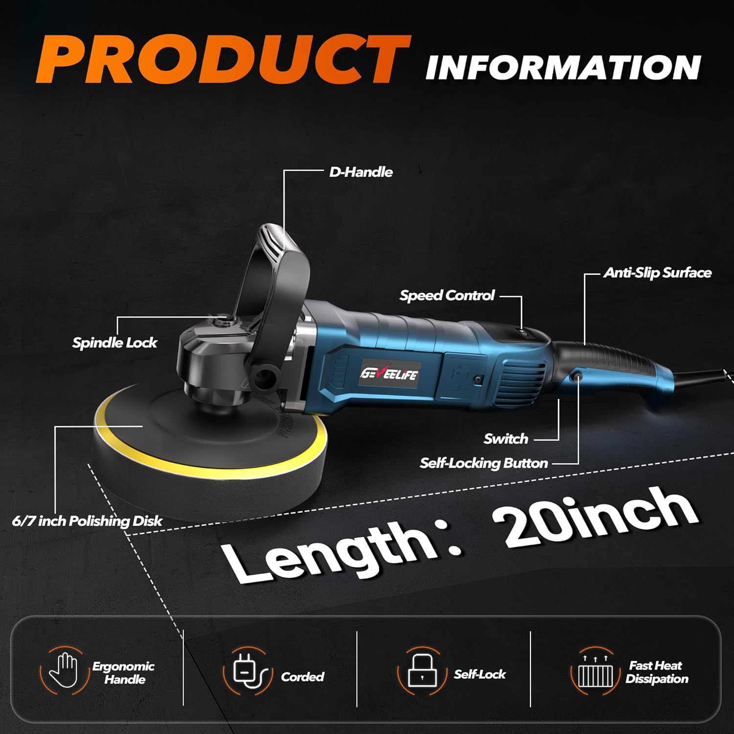 1600W rotary buffer polisher for car, boat, and furniture, with 7-speed settings and detachable handles.