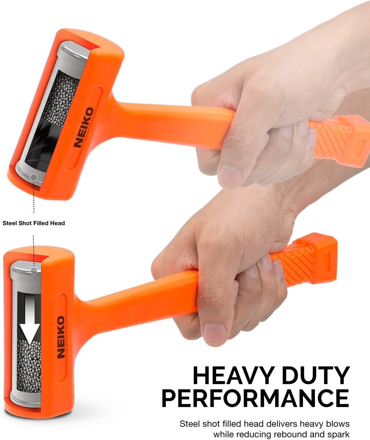 2 LB Dead Blow Hammer - Polyurethane Head, Non-Slip Grip, Orange