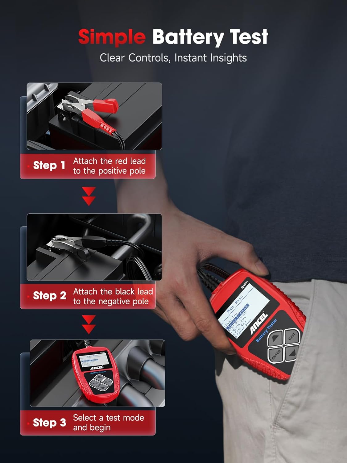 12V car battery tester and alternator diagnostic tool for vehicle performance checks.