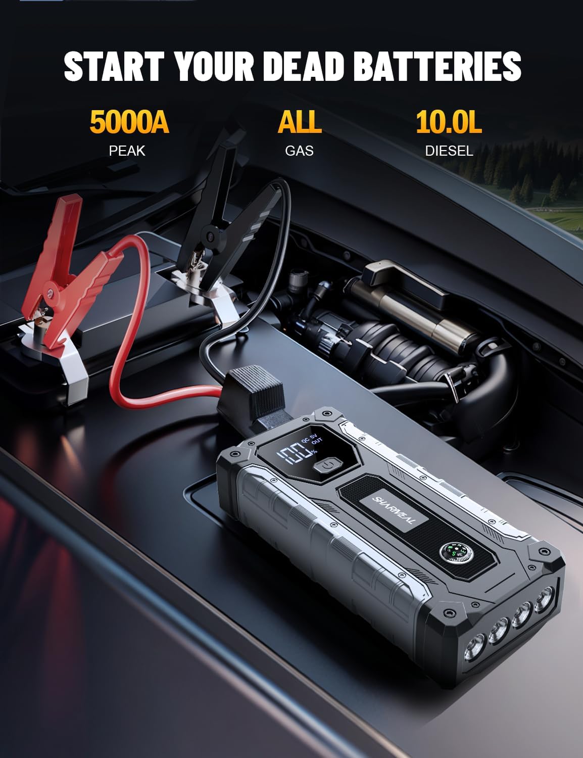 4000A Car Jump Starter for 10.0L Gas & 8.0L Diesel Engines with LED Light
