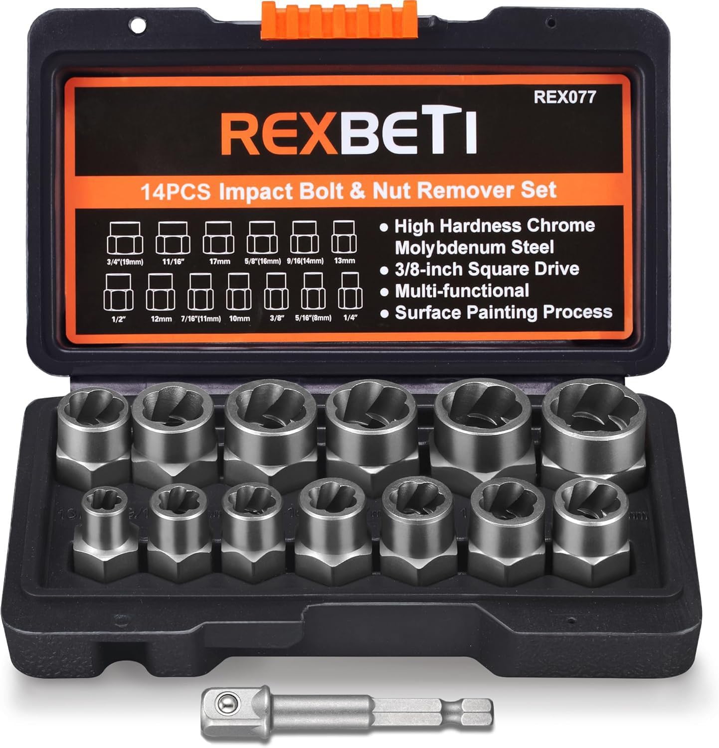 13-piece chrome molybdenum steel bolt and nut remover set with storage case