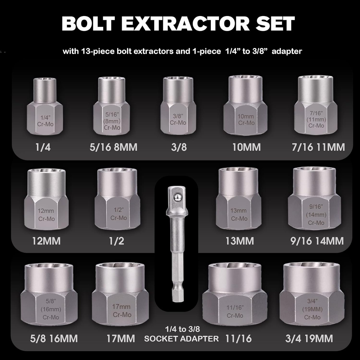 13-piece chrome molybdenum steel bolt and nut remover set with storage case