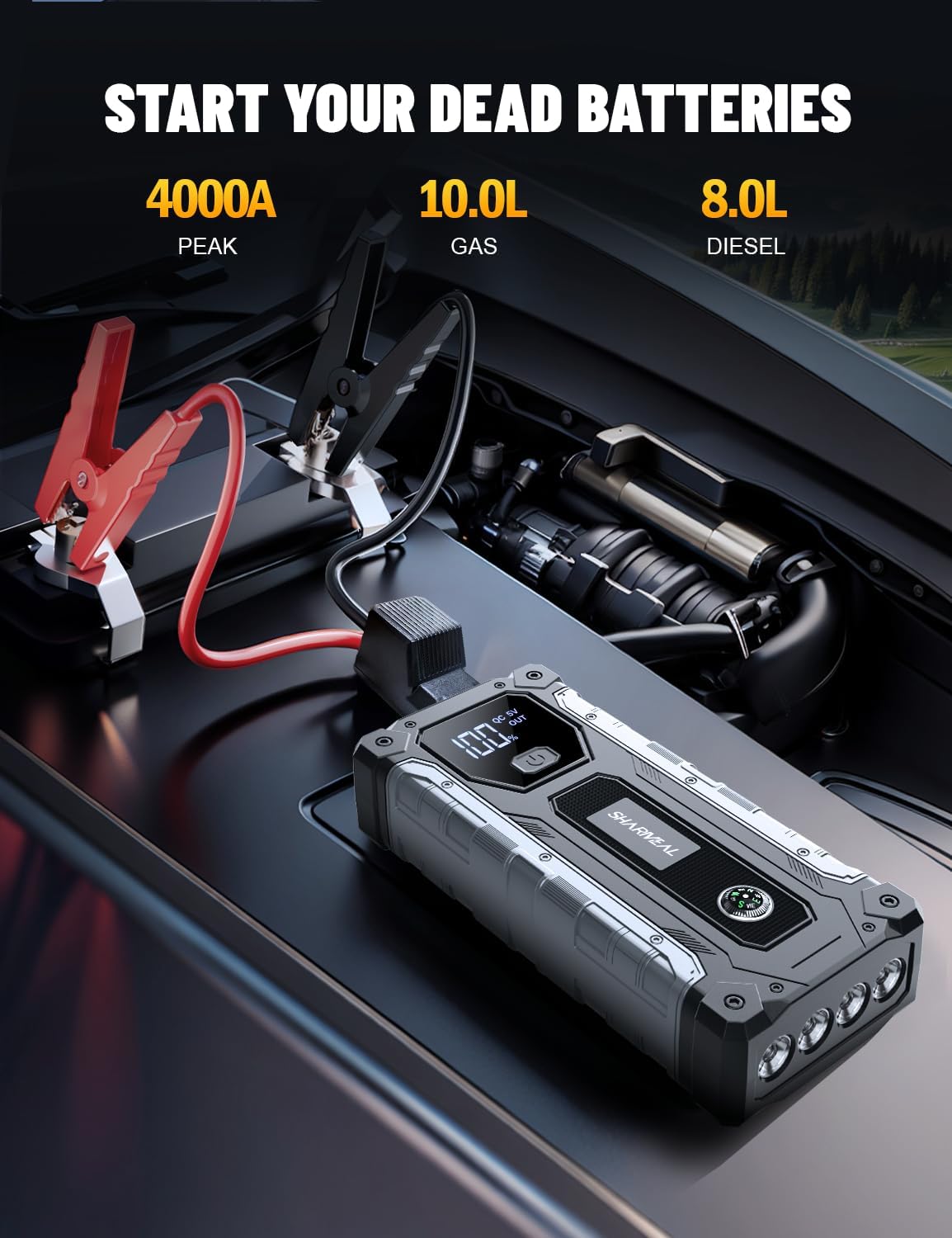 4000A Car Jump Starter for 10.0L Gas & 8.0L Diesel Engines with LED Light