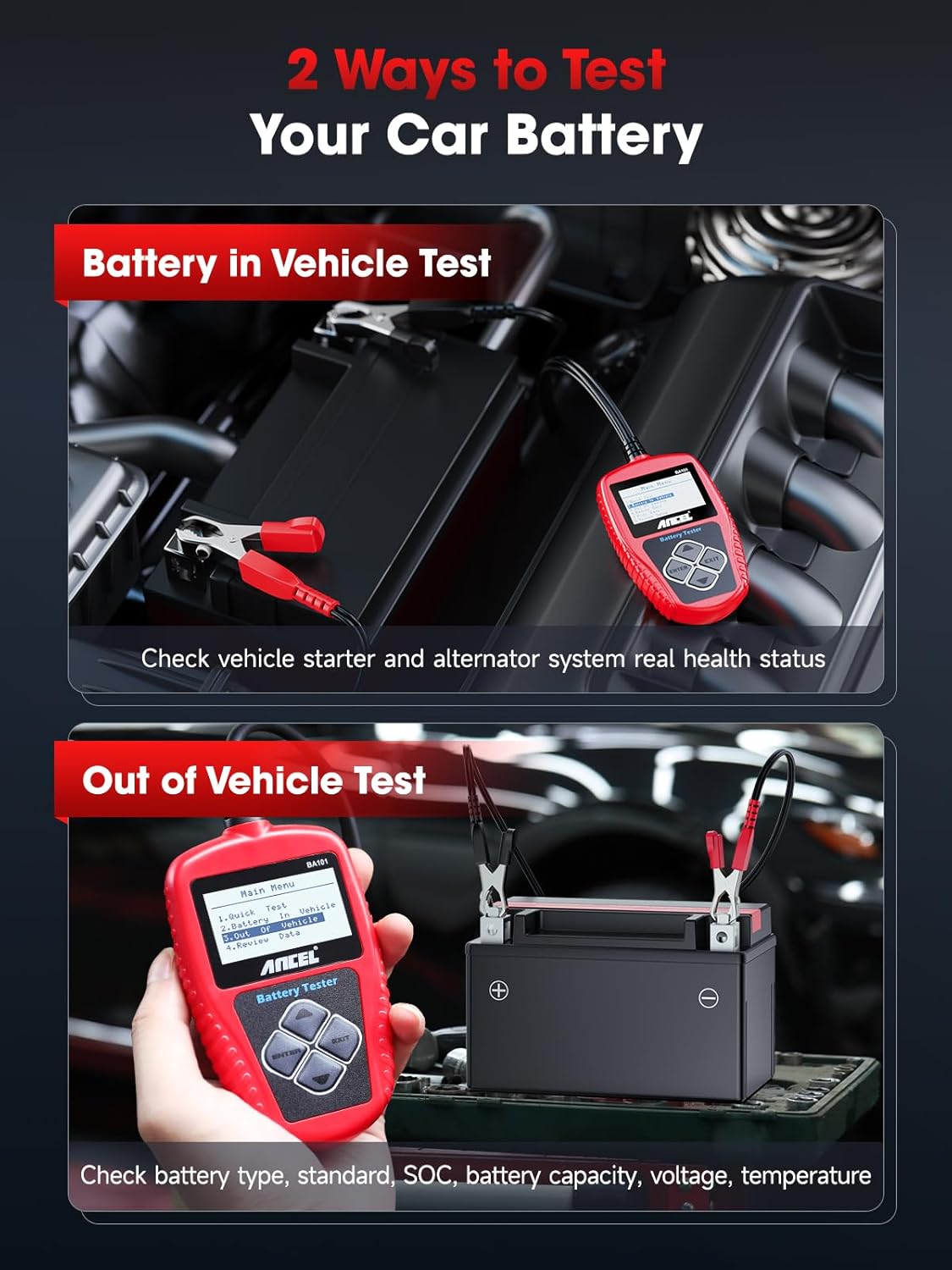 12V car battery tester and alternator diagnostic tool for vehicle performance checks.