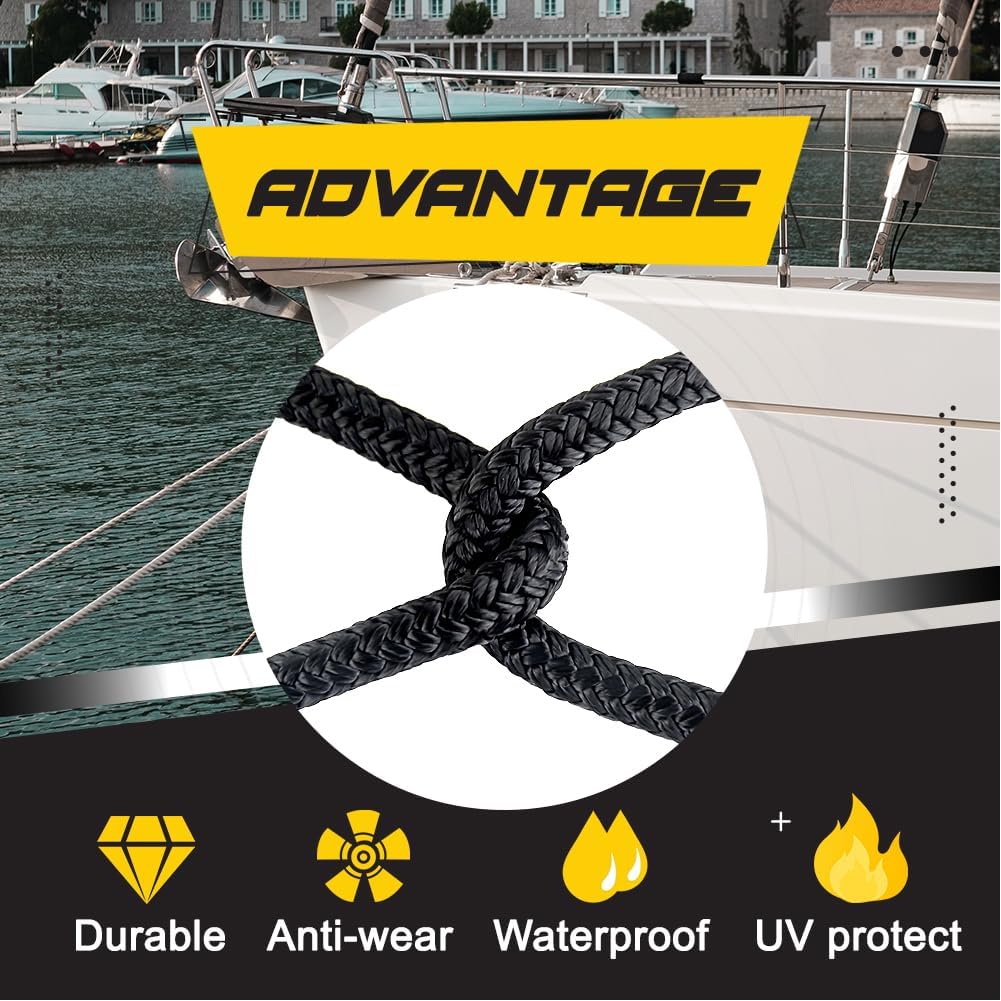 1/2'' x 20' Double Braided Nylon Dock Lines Durable Marine-Grade Boat Ropes with 12'' Pre-Spliced Loop for Docking & Mooring