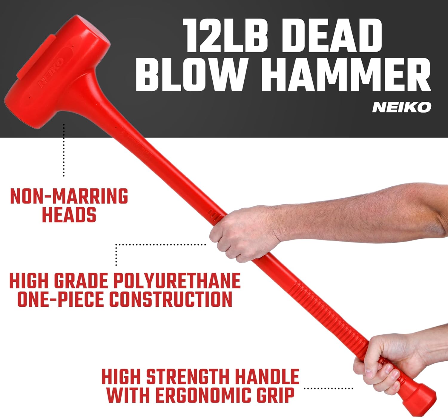 2 LB Dead Blow Hammer - Polyurethane Head, Non-Slip Grip, Orange