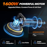 1600W rotary buffer polisher for car, boat, and furniture, with 7-speed settings and detachable handles.