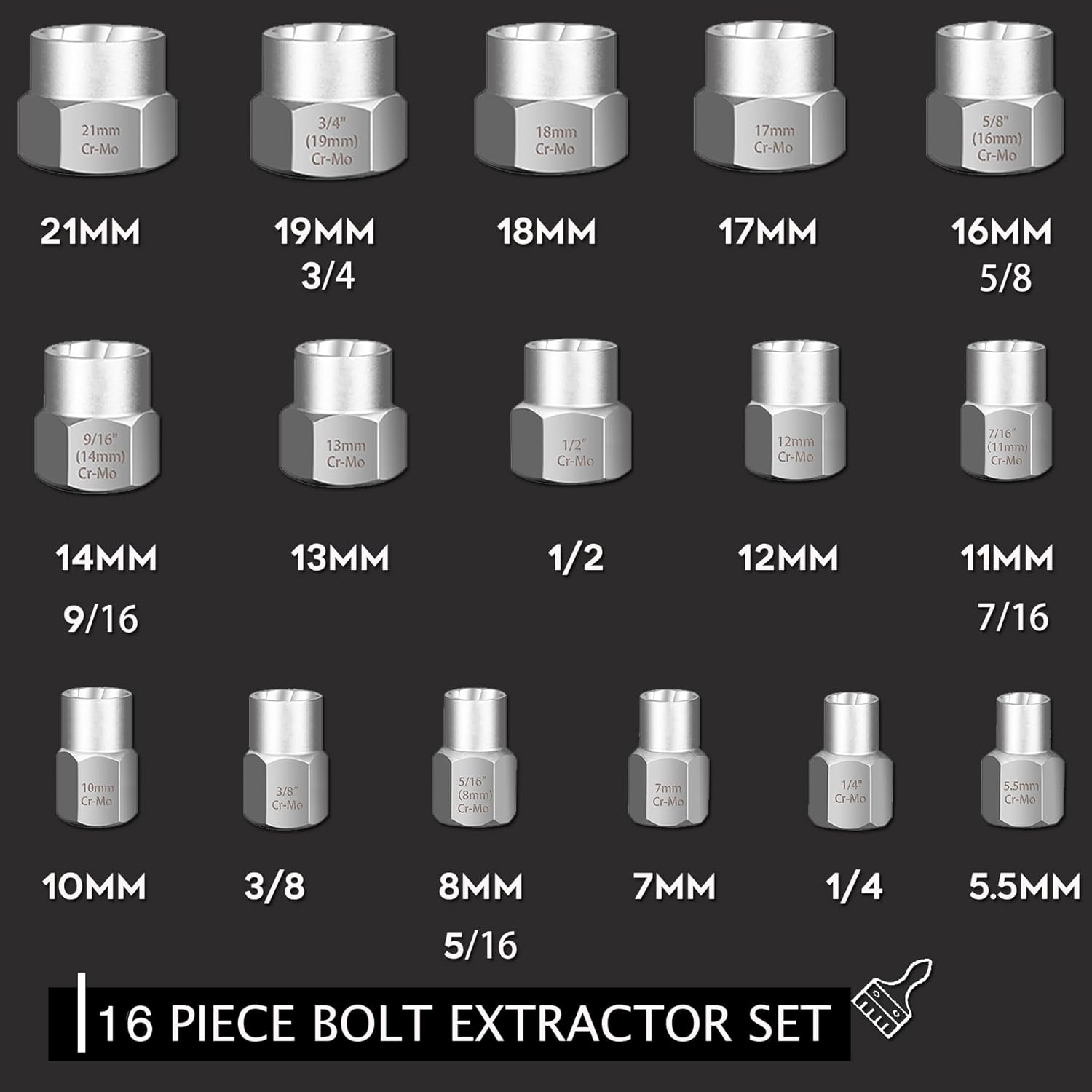 13-piece chrome molybdenum steel bolt and nut remover set with storage case