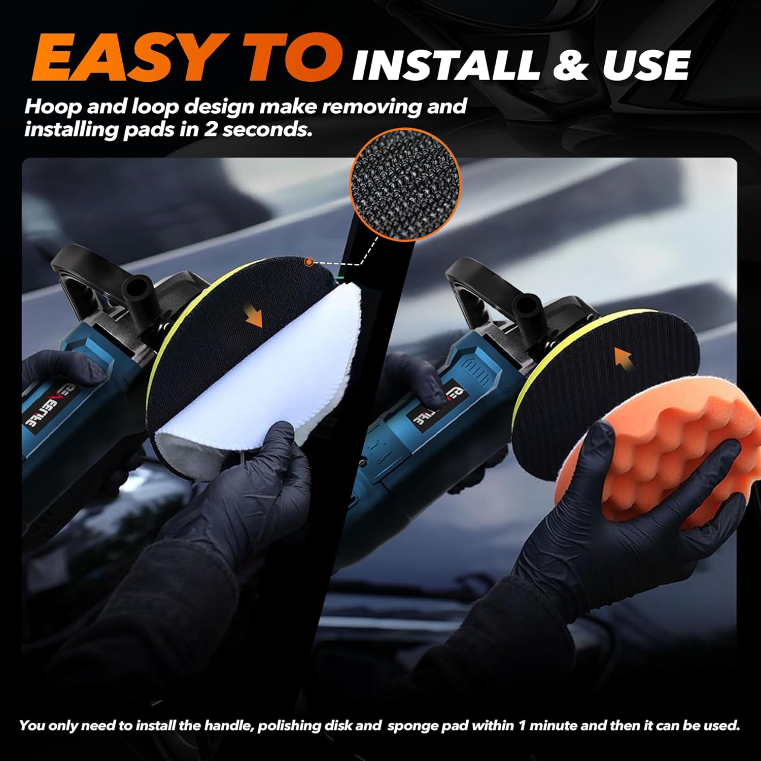 1600W rotary buffer polisher for car, boat, and furniture, with 7-speed settings and detachable handles.