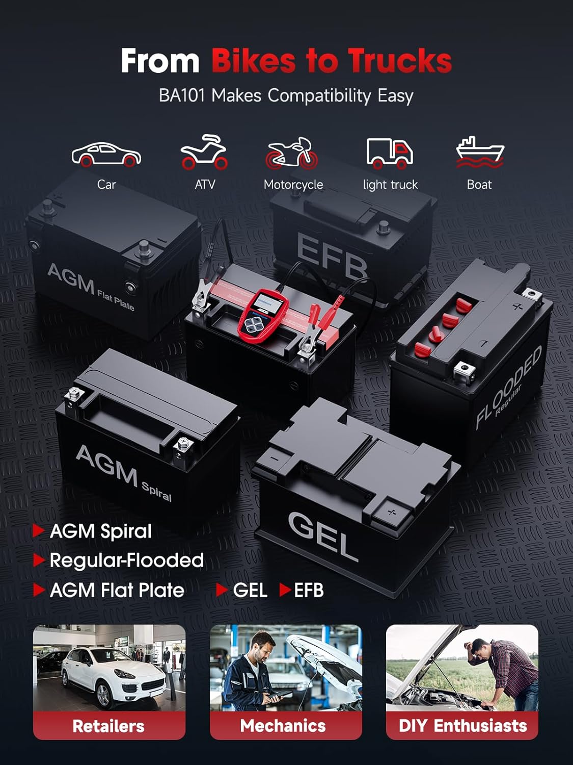 12V car battery tester and alternator diagnostic tool for vehicle performance checks.