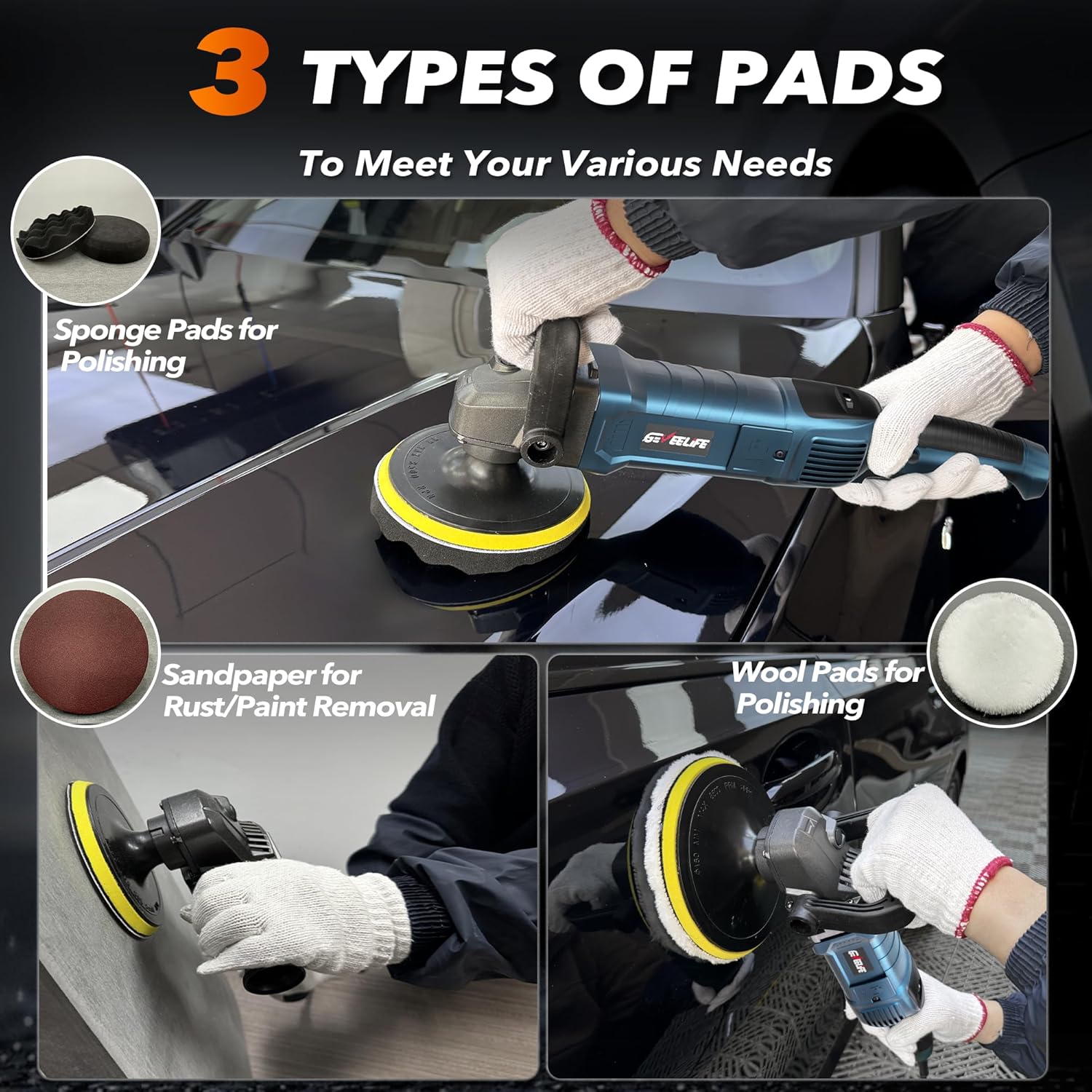 1600W rotary buffer polisher for car, boat, and furniture, with 7-speed settings and detachable handles.