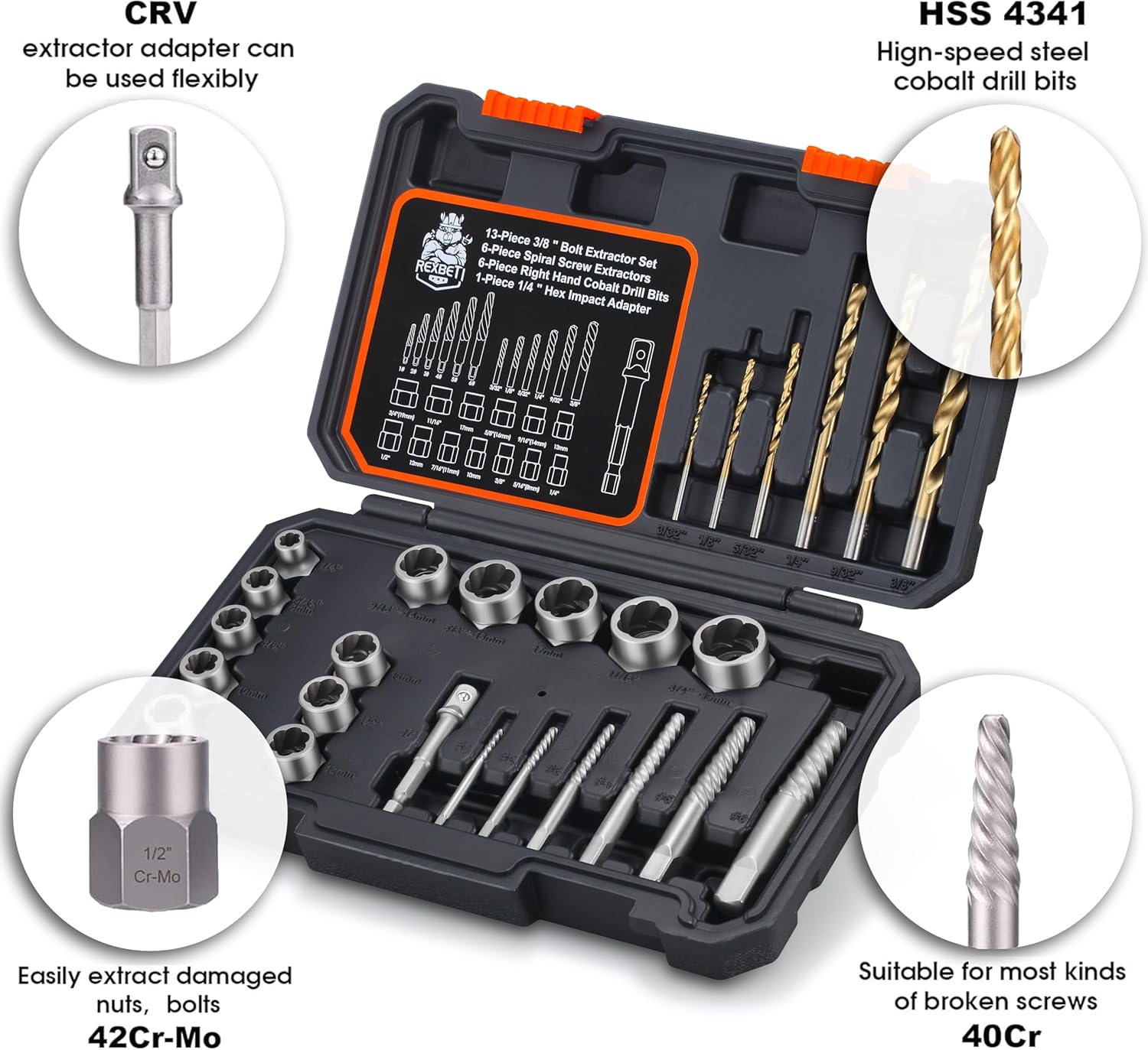 13-piece chrome molybdenum steel bolt and nut remover set with storage case