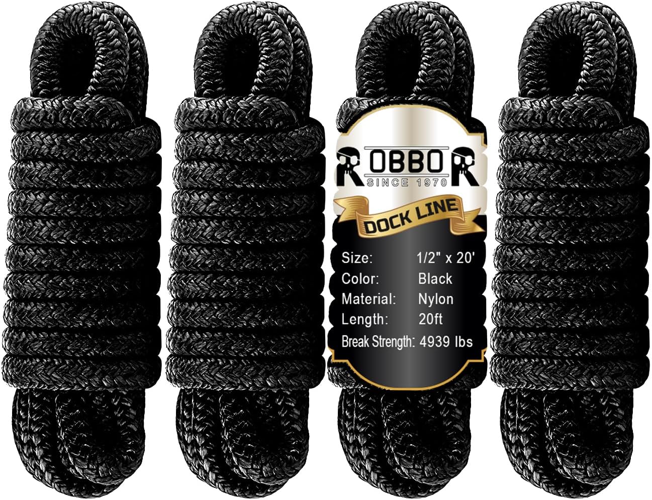 1/2'' x 20' Double Braided Nylon Dock Lines Durable Marine-Grade Boat Ropes with 12'' Pre-Spliced Loop for Docking & Mooring