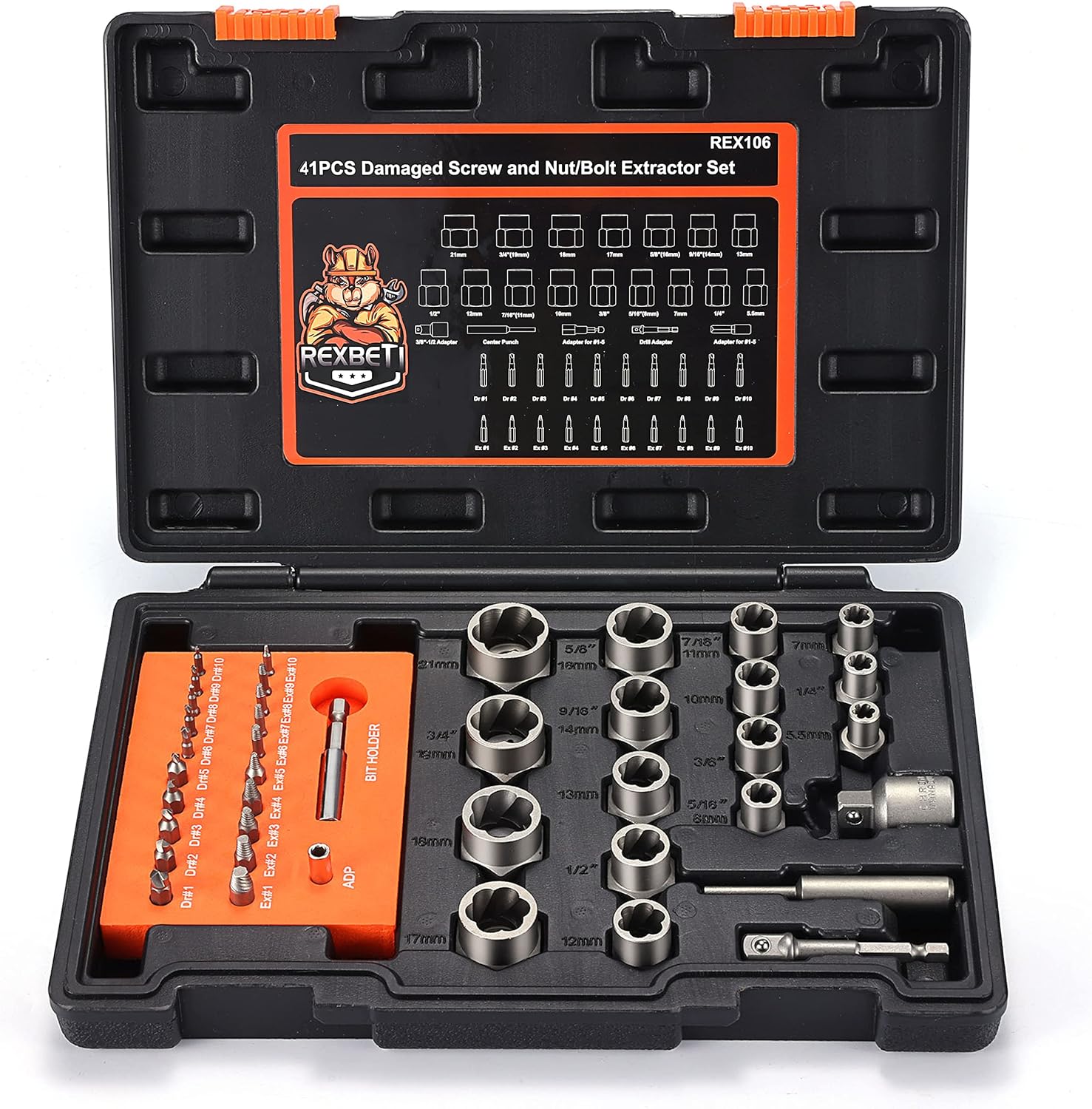 13-piece chrome molybdenum steel bolt and nut remover set with storage case