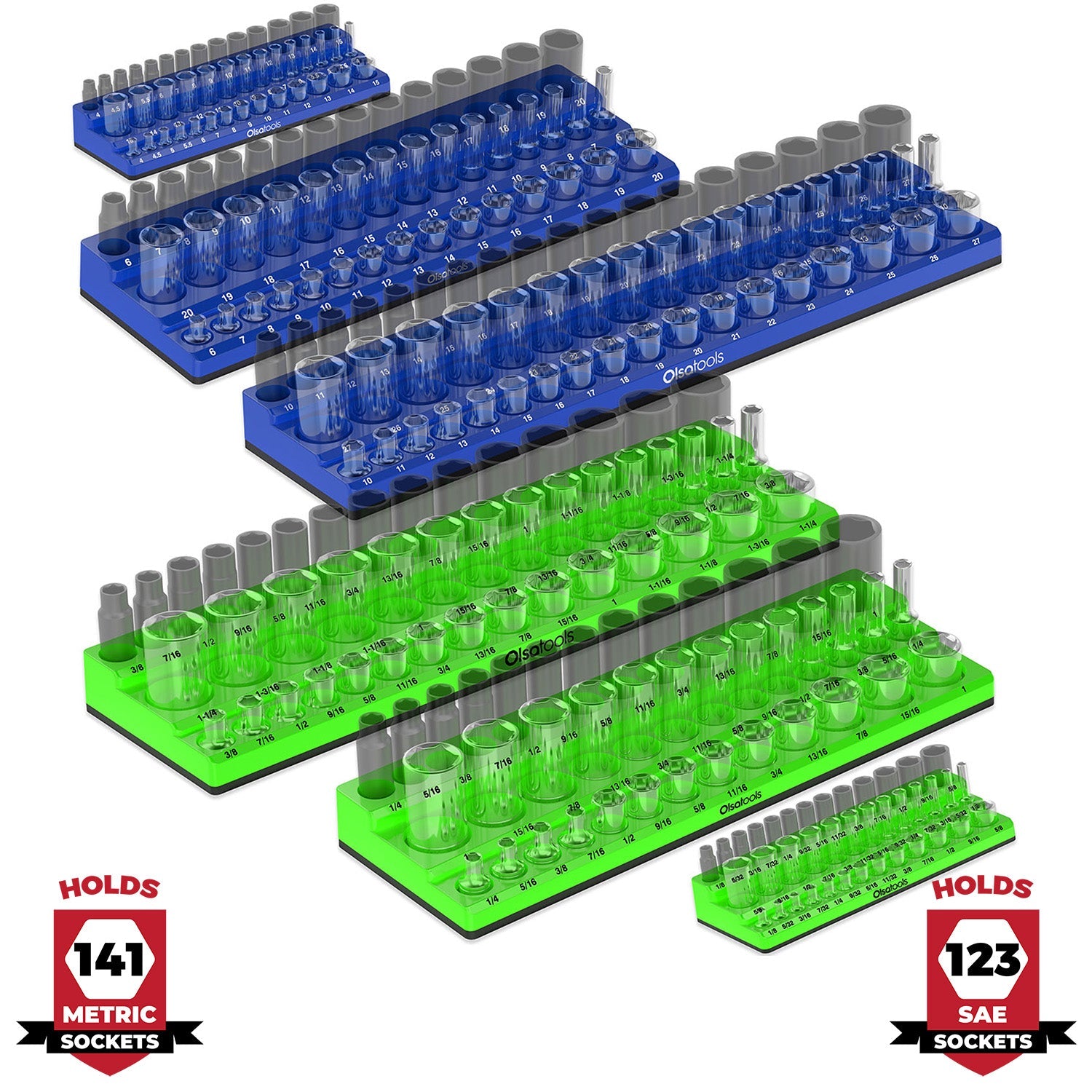 3-Row Magnetic Socket Holder Organizes 75+ 1/4",3/8",1/2" Drive Sockets