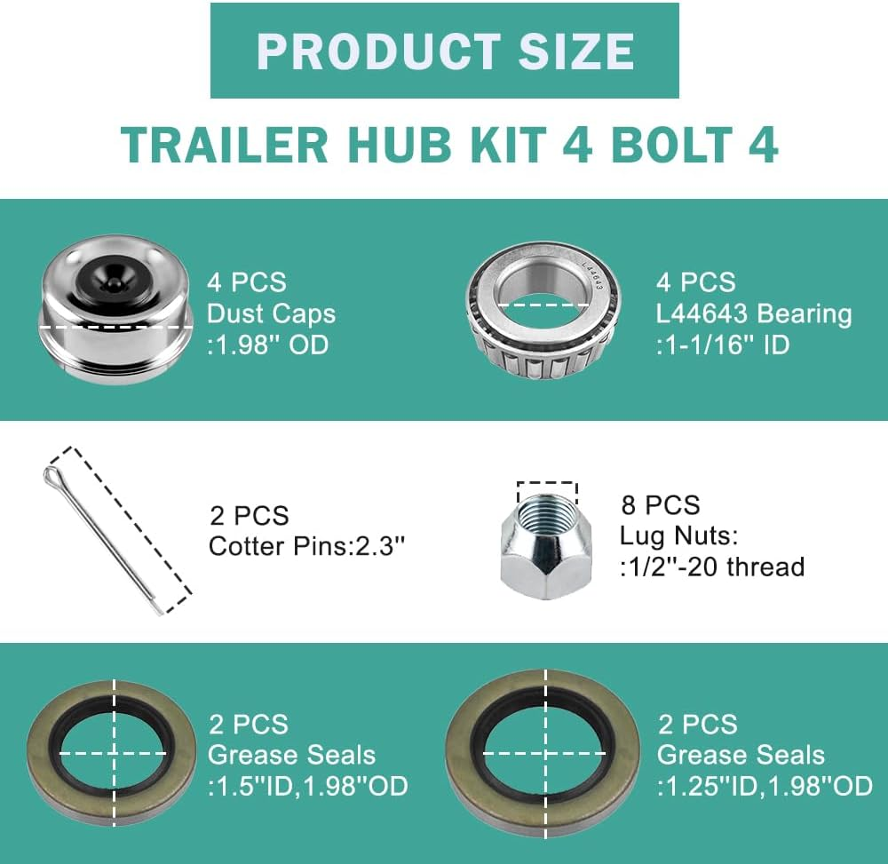 Trailer Idler Hub Kits 4 on 4" Trailer Hub 4 Lug for 2000 lbs Tralier Axle,ONLY for 2000lbs Trailer Hub Assembly