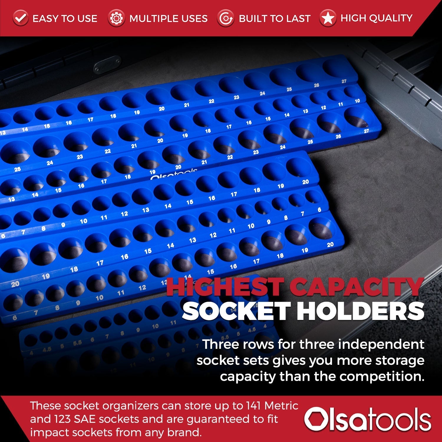 3-Row Magnetic Socket Holder Organizes 75+ 1/4",3/8",1/2" Drive Sockets