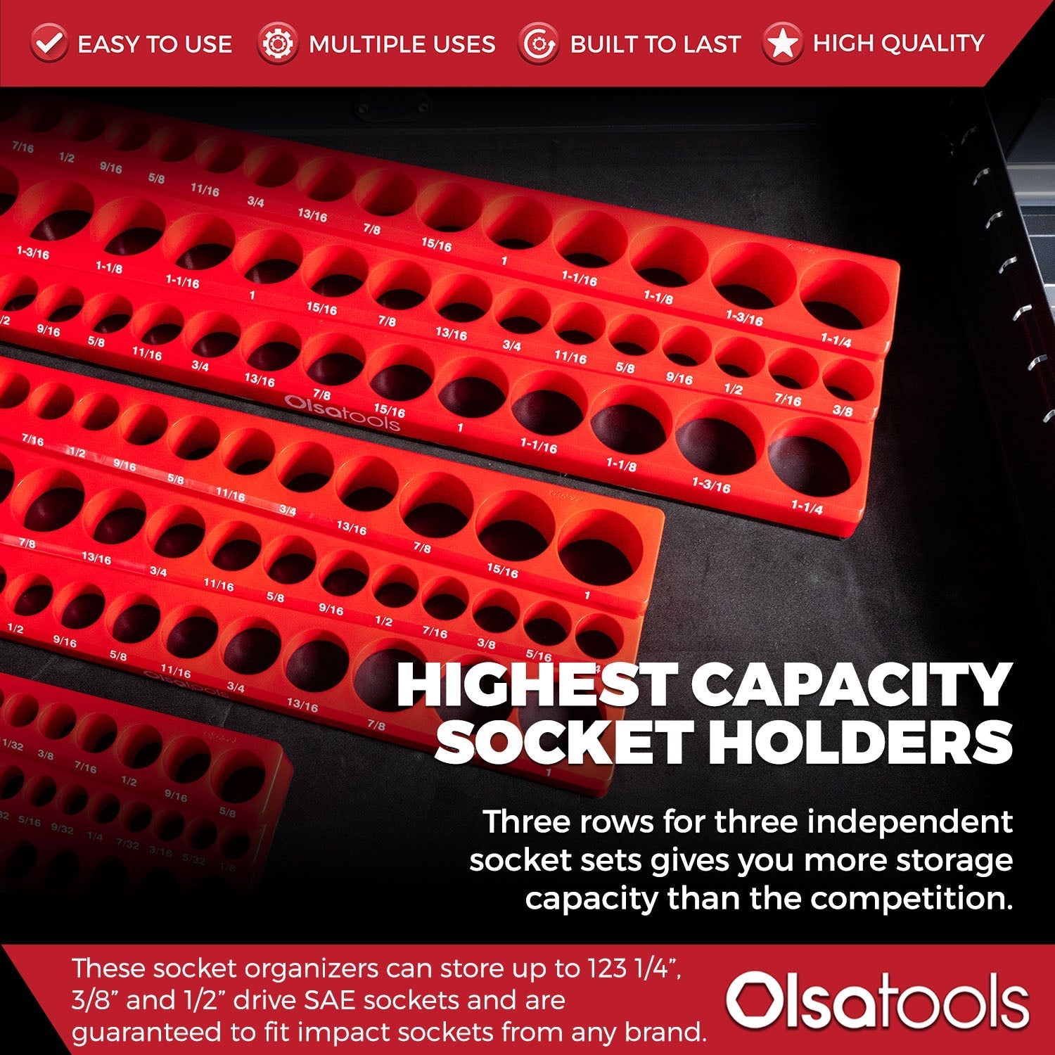 3-Row Magnetic Socket Holder Organizes 75+ 1/4",3/8",1/2" Drive Sockets