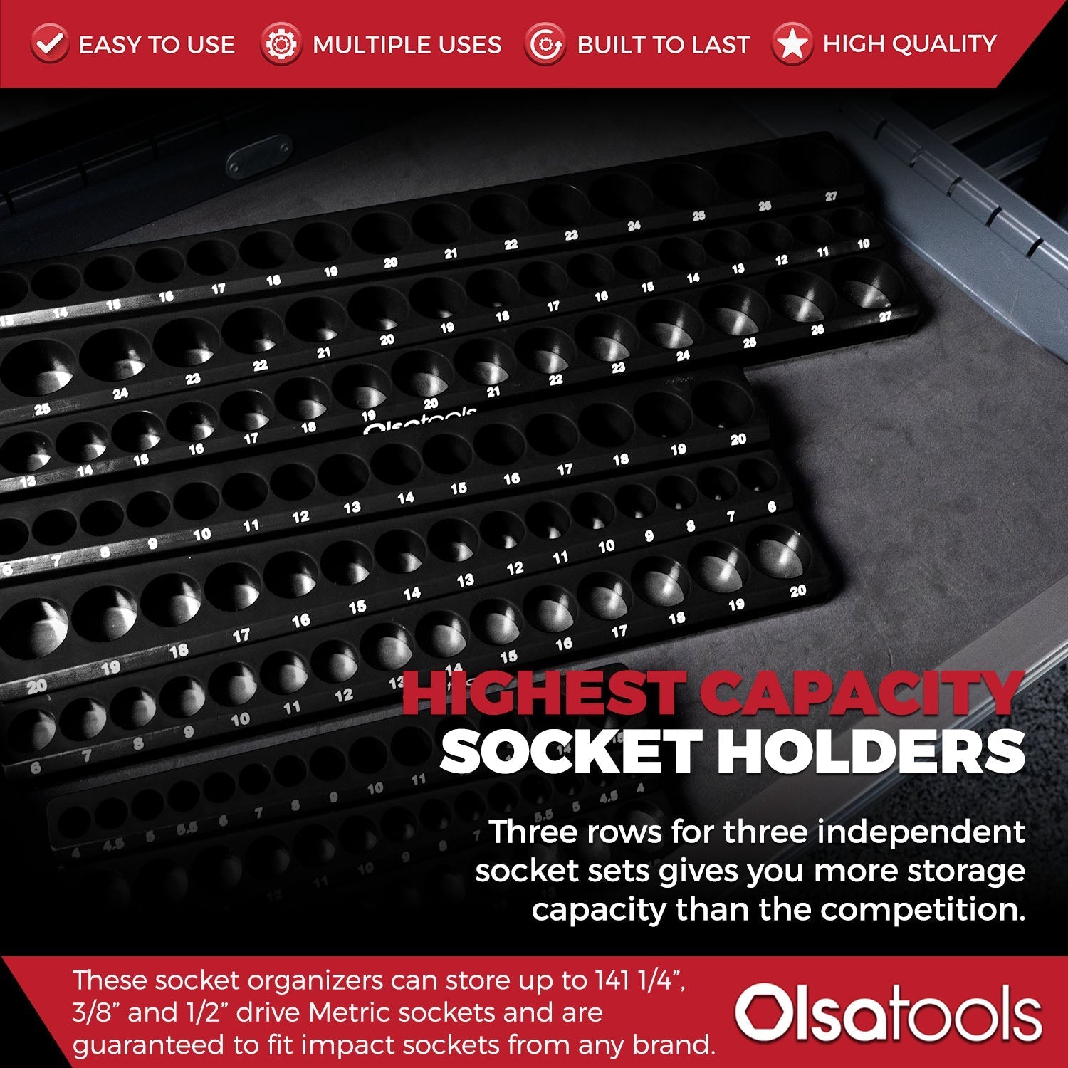 3-Row Magnetic Socket Holder Organizes 75+ 1/4",3/8",1/2" Drive Sockets