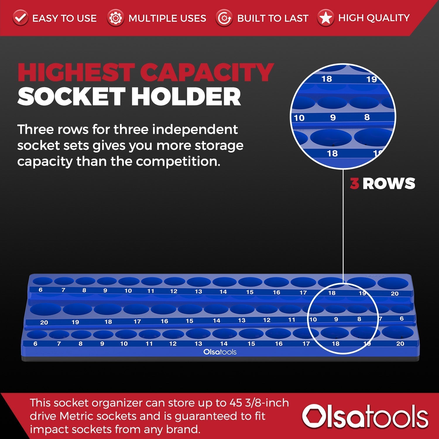 3-Row Magnetic Socket Holder Organizes 75+ 1/4",3/8",1/2" Drive Sockets