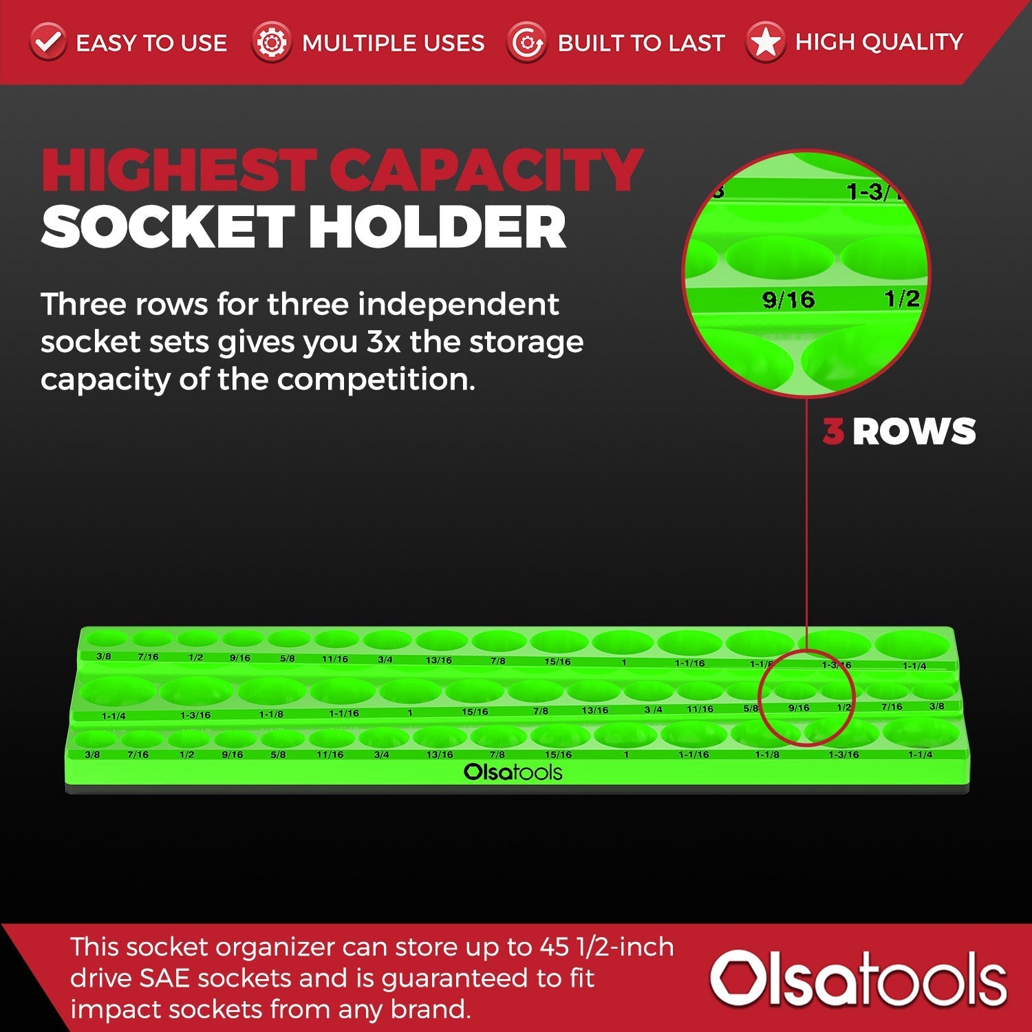 3-Row Magnetic Socket Holder Organizes 75+ 1/4",3/8",1/2" Drive Sockets