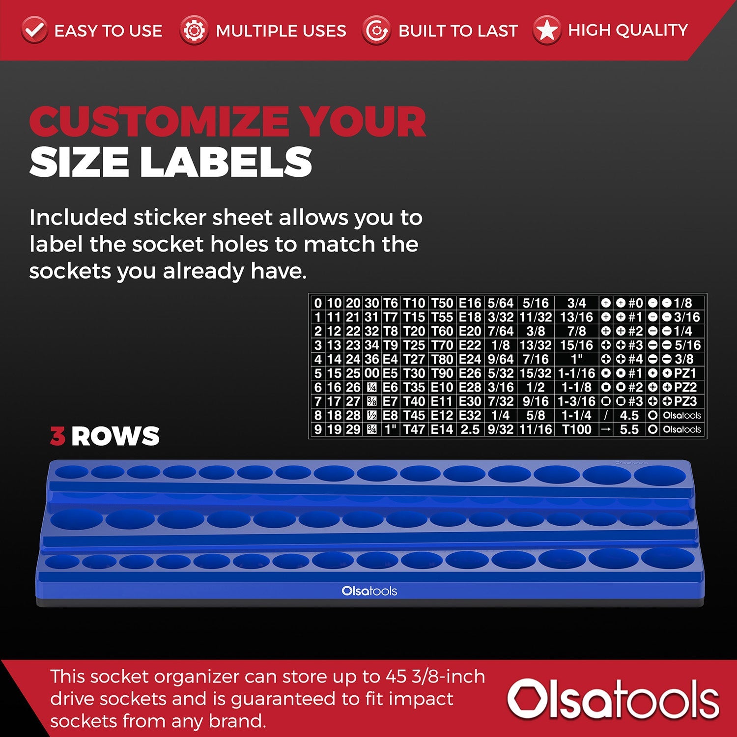 3-Row Magnetic Socket Holder Organizes 75+ 1/4",3/8",1/2" Drive Sockets