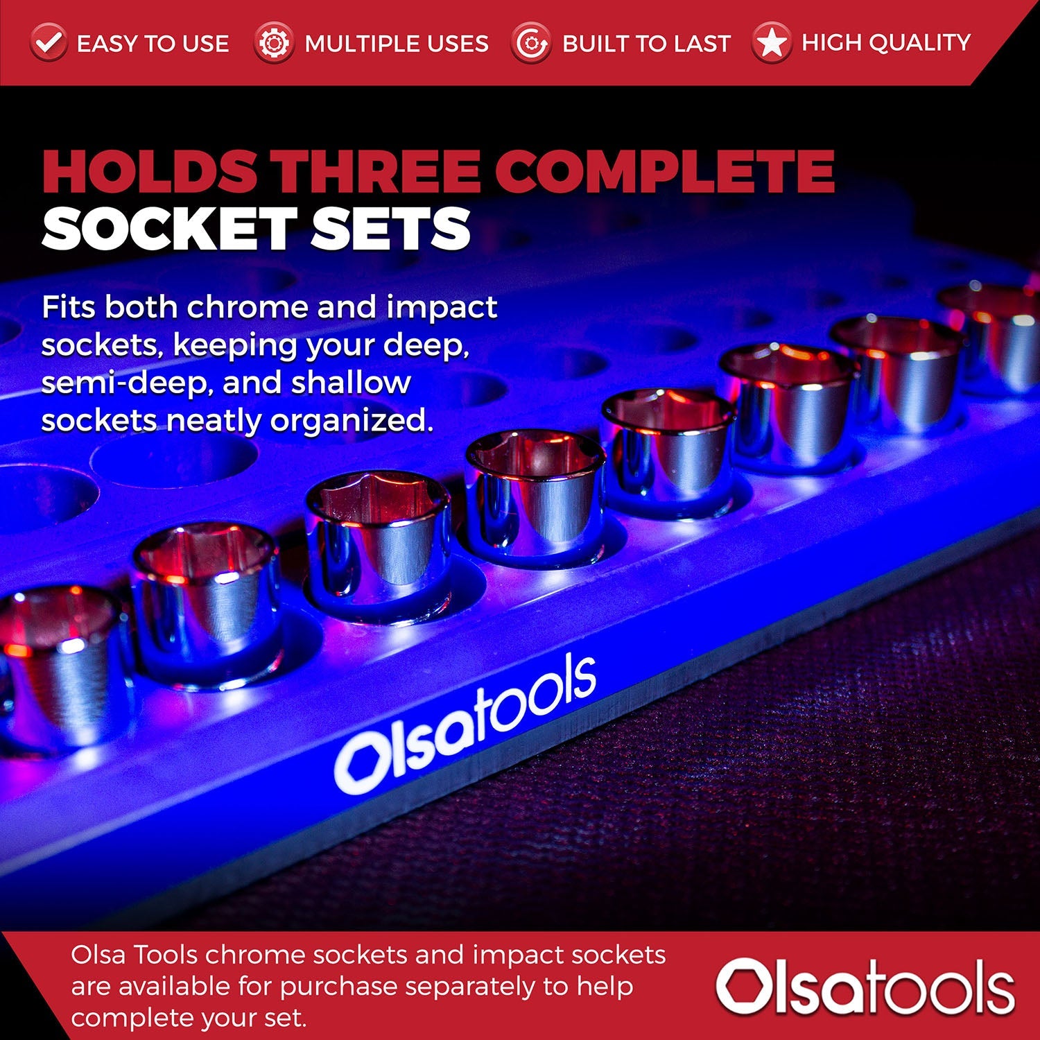 3-Row Magnetic Socket Holder Organizes 75+ 1/4",3/8",1/2" Drive Sockets