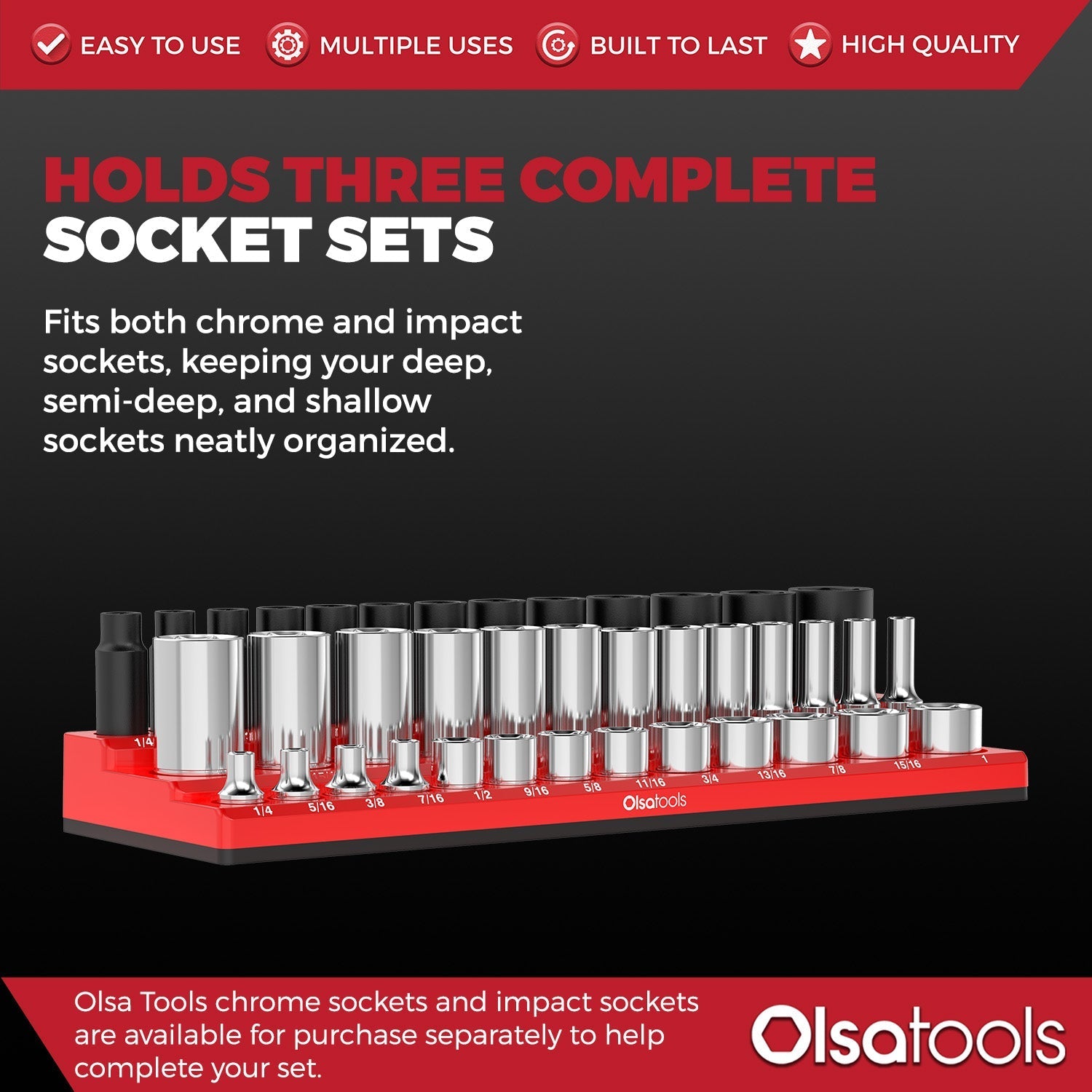 3-Row Magnetic Socket Holder Organizes 75+ 1/4",3/8",1/2" Drive Sockets