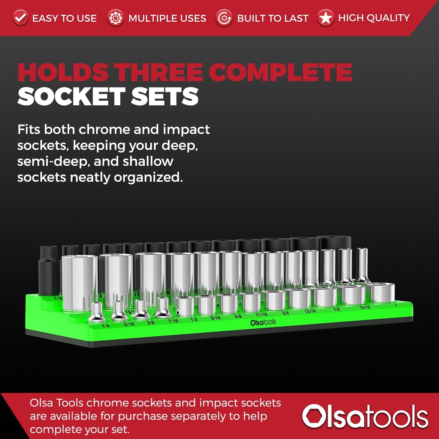 3-Row Magnetic Socket Holder Organizes 75+ 1/4",3/8",1/2" Drive Sockets