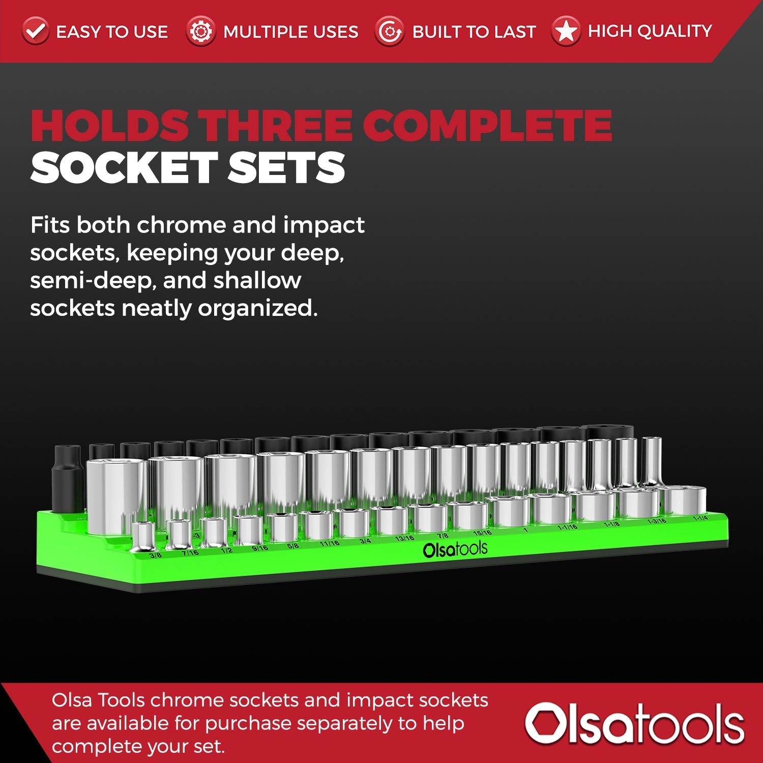 3-Row Magnetic Socket Holder Organizes 75+ 1/4",3/8",1/2" Drive Sockets