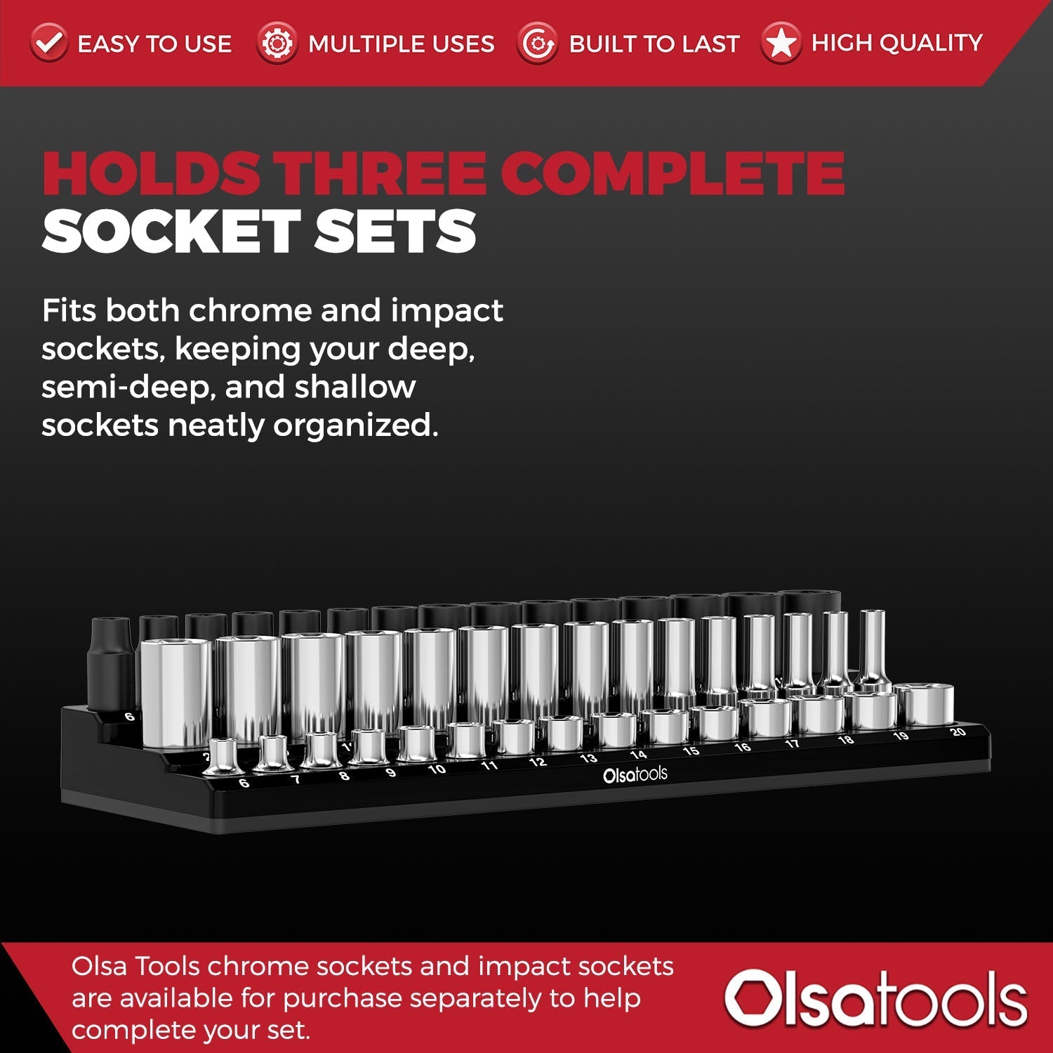 3-Row Magnetic Socket Holder Organizes 75+ 1/4",3/8",1/2" Drive Sockets