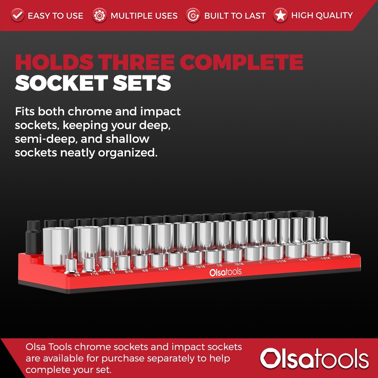 3-Row Magnetic Socket Holder Organizes 75+ 1/4",3/8",1/2" Drive Sockets