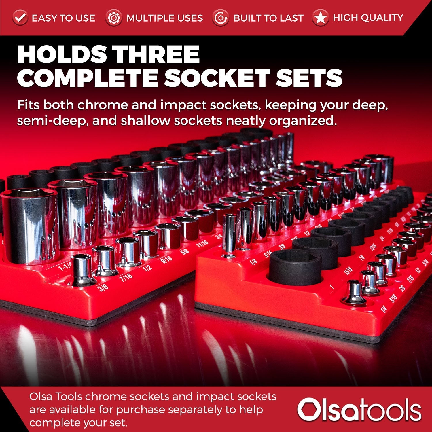 3-Row Magnetic Socket Holder Organizes 75+ 1/4",3/8",1/2" Drive Sockets