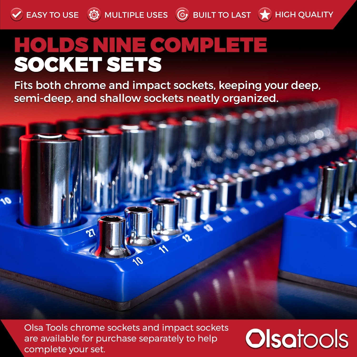 3-Row Magnetic Socket Holder Organizes 75+ 1/4",3/8",1/2" Drive Sockets