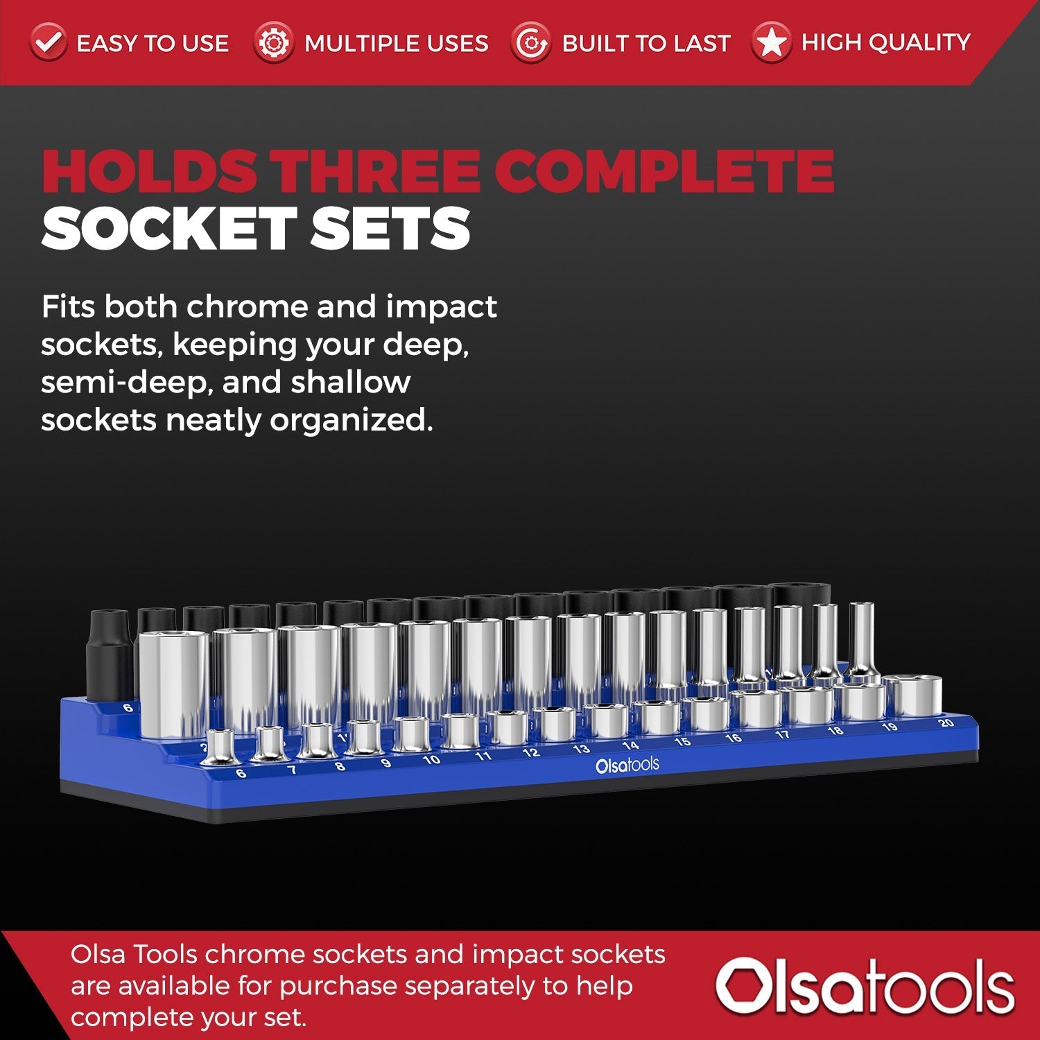 3-Row Magnetic Socket Holder Organizes 75+ 1/4",3/8",1/2" Drive Sockets