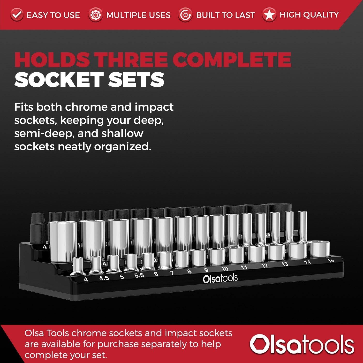 3-Row Magnetic Socket Holder Organizes 75+ 1/4",3/8",1/2" Drive Sockets