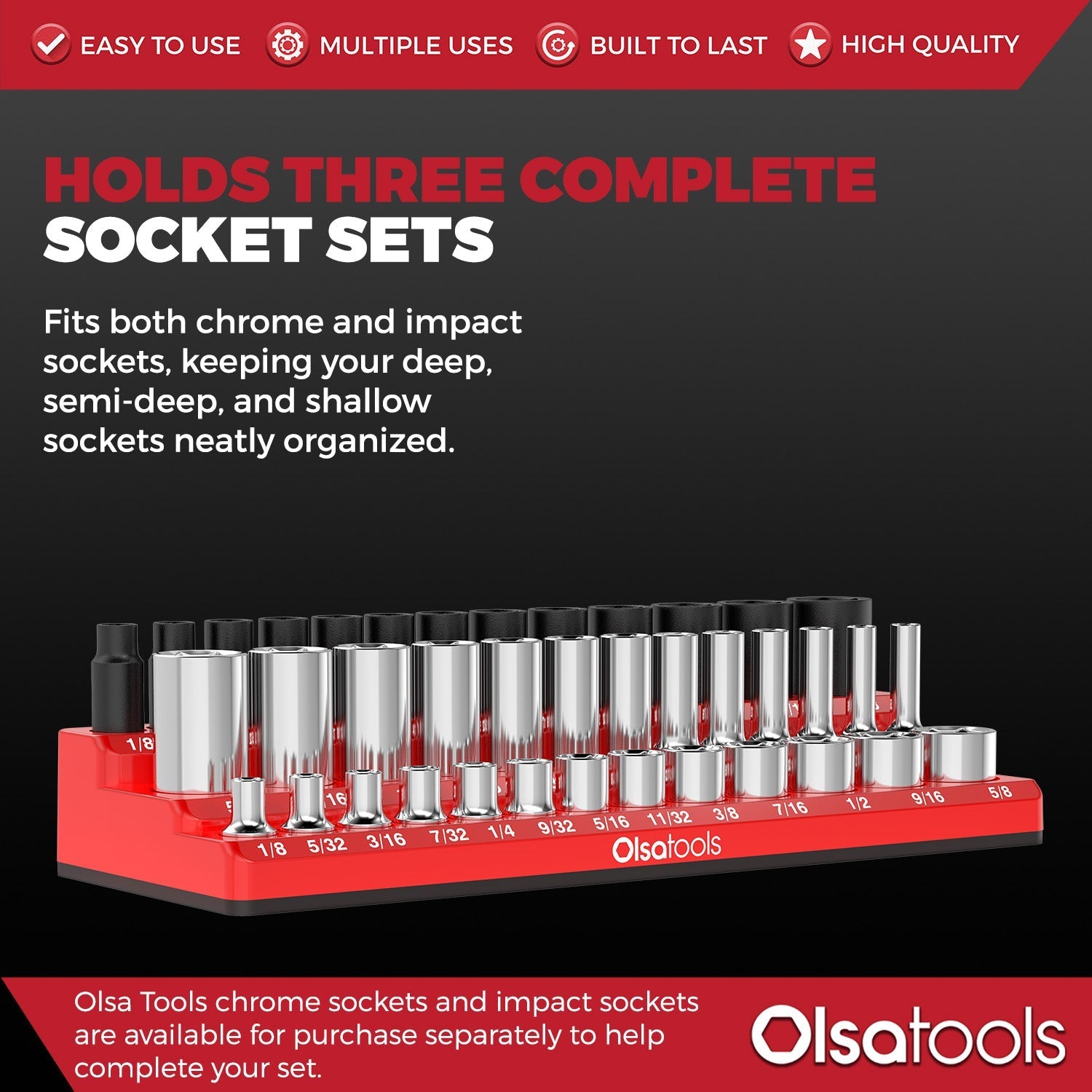 3-Row Magnetic Socket Holder Organizes 75+ 1/4",3/8",1/2" Drive Sockets