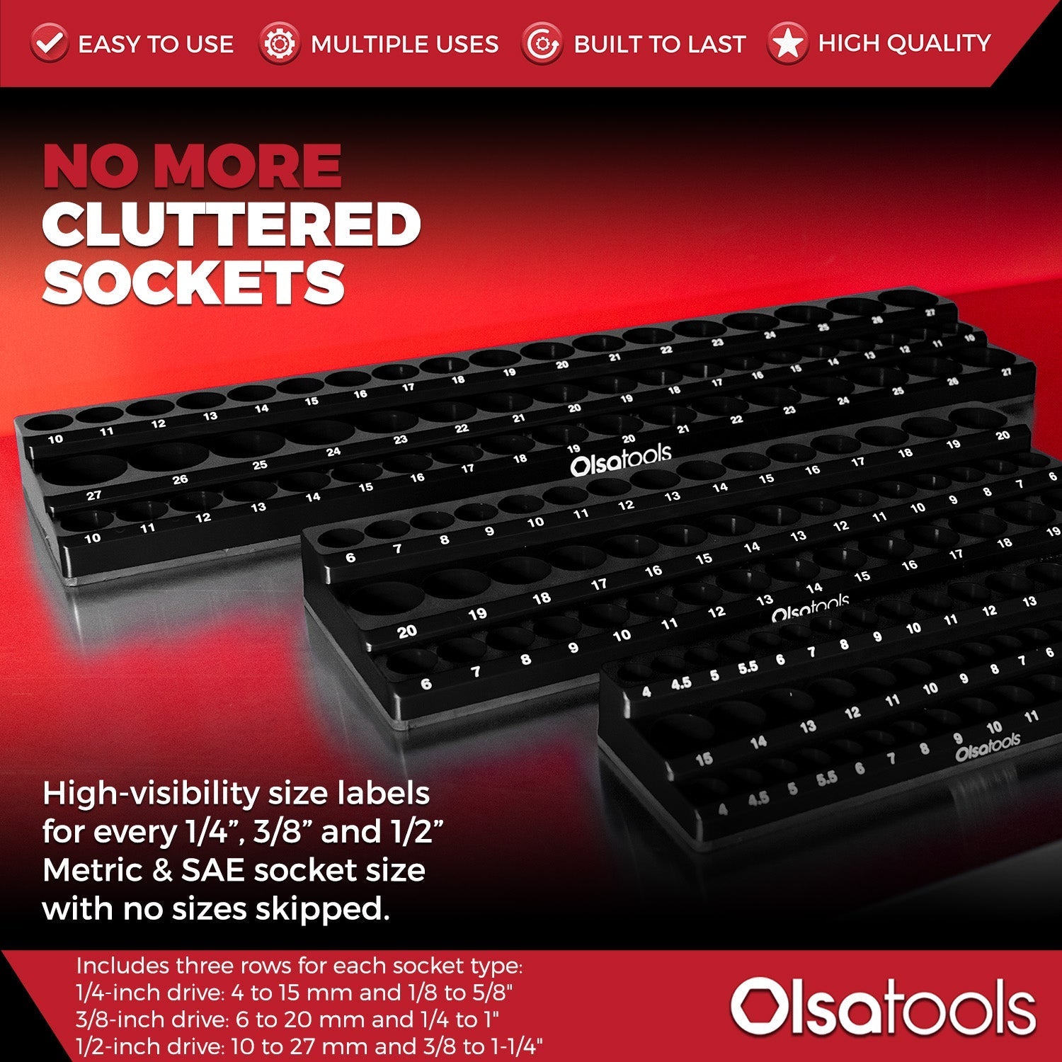 3-Row Magnetic Socket Holder Organizes 75+ 1/4",3/8",1/2" Drive Sockets