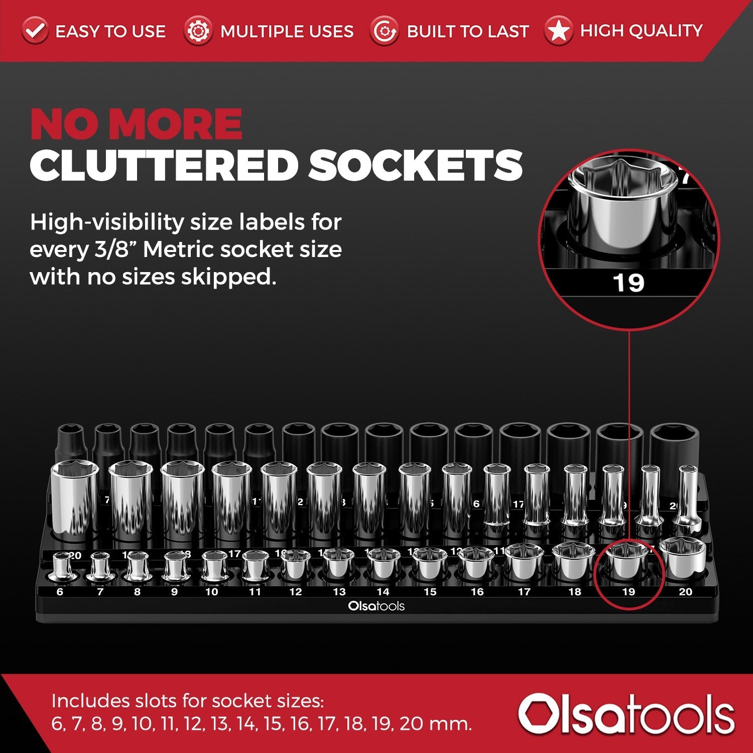 3-Row Magnetic Socket Holder Organizes 75+ 1/4",3/8",1/2" Drive Sockets
